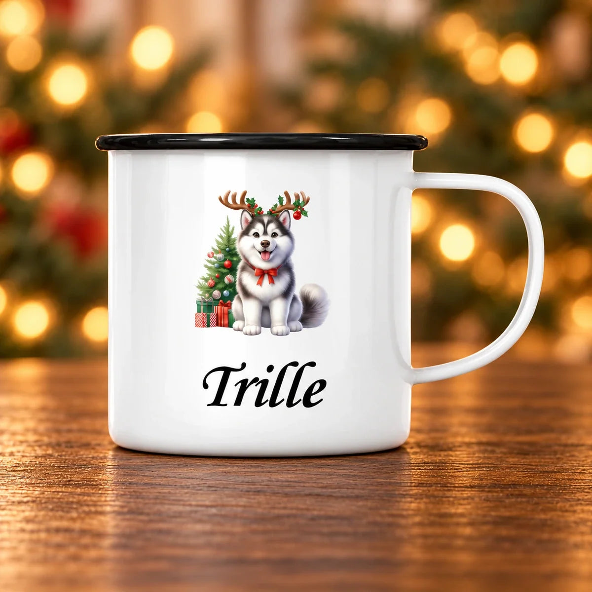Julehund – emaljekop på mørkt egetræ med diffus julebaggrund