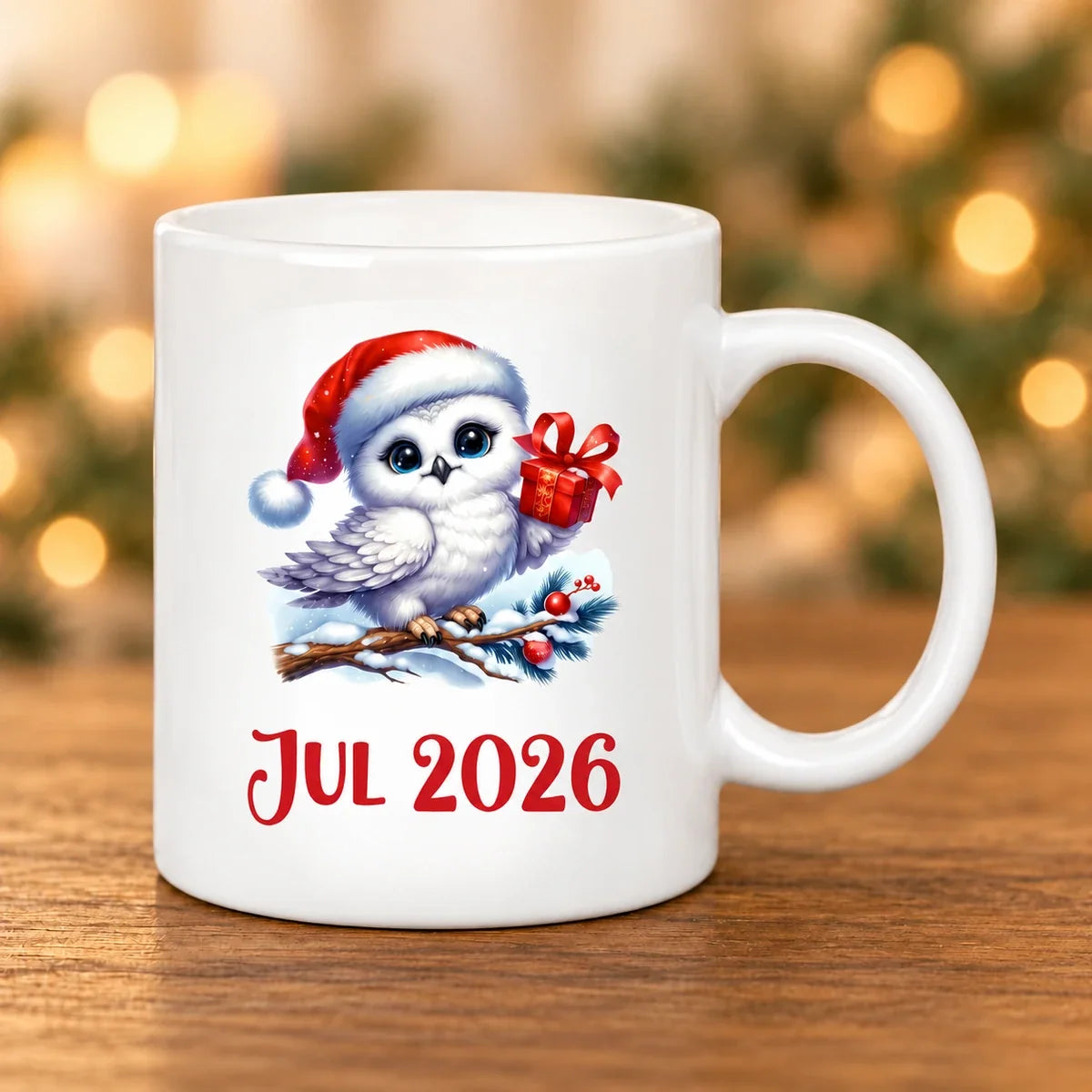 Sødt juledyr – uglekrus med Jul 2026 på mørkere egetræ og diffus julebaggrund