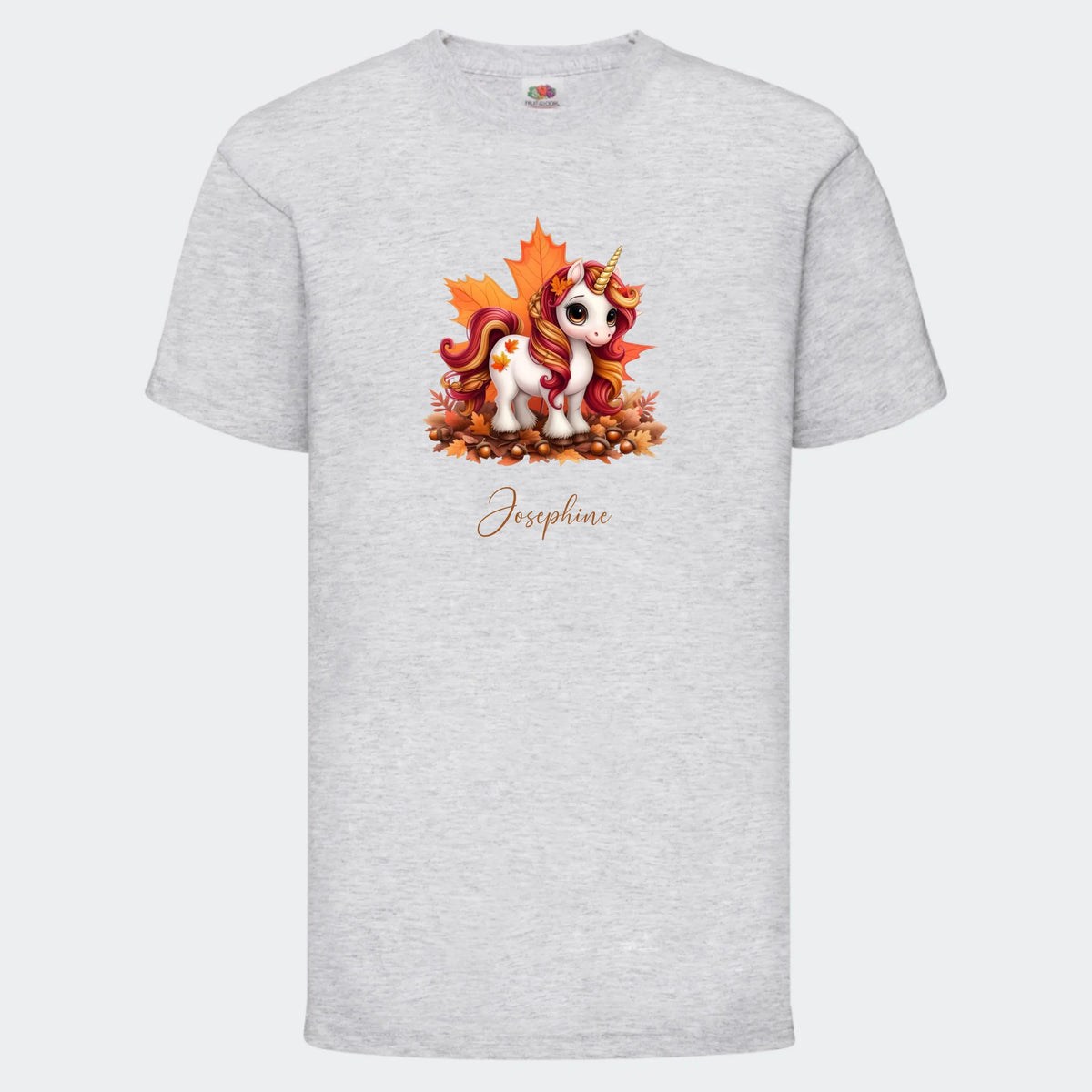 T-shirt til børn – Efterårs blade sød enhjørning, T-shirt tryk foran Lysegrå 3-4 år