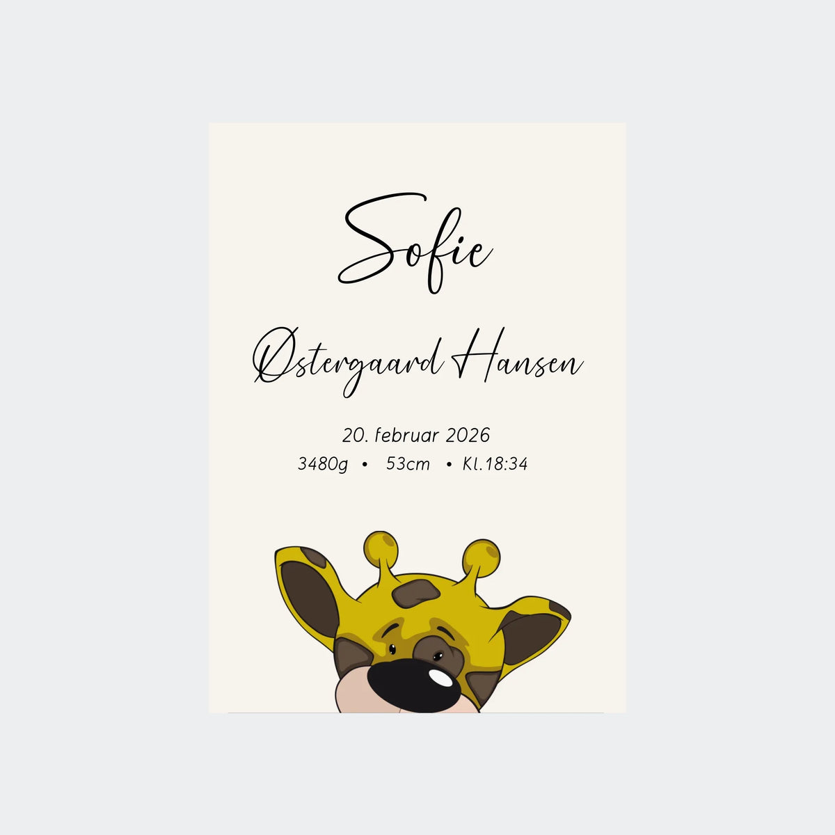 Fødselsplakat – Girafhoved, Uden ramme