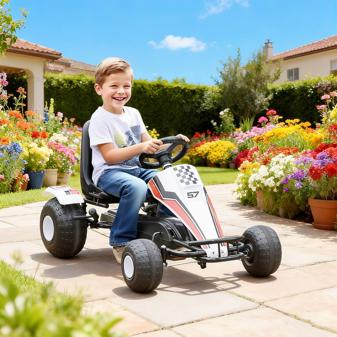 Gokart, (pedalbil) med justerbart sæde, bremse, til børn 3-6 år, hvid