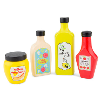 Dressinger, legemad i træ, ketchup, sennep, salatdressing, olivenolie