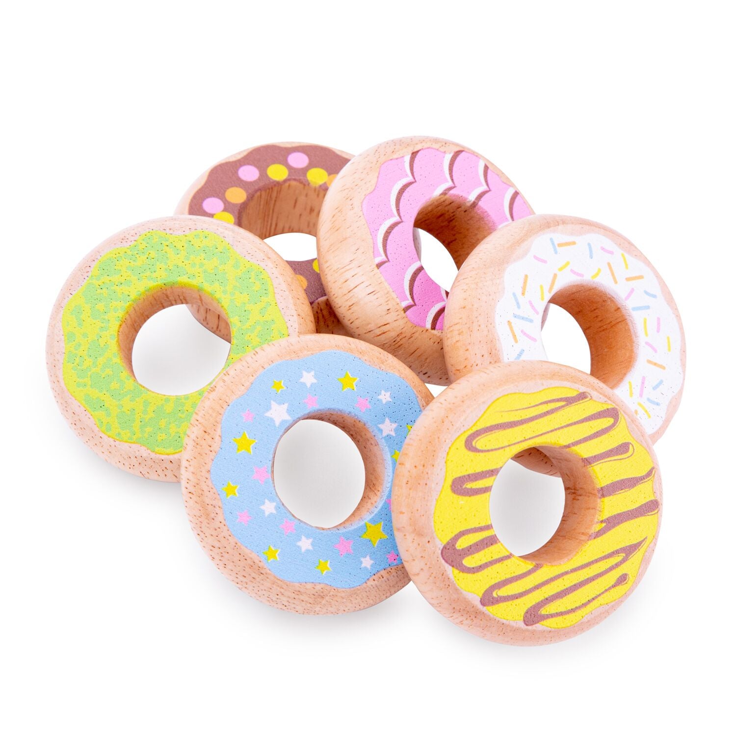 Seks farverige trædonuts med forskellige toppings til legemad, set fra oven