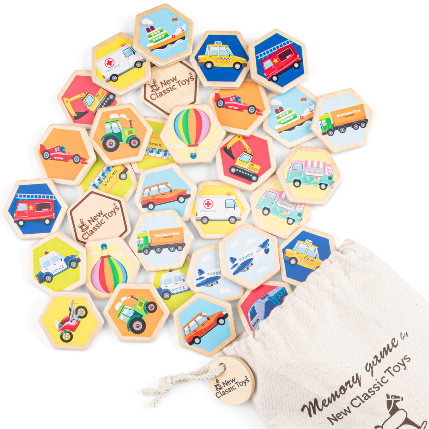 Huskespil med træbrikker med forskellige køretøjer og en opbevaringspose af bomuld