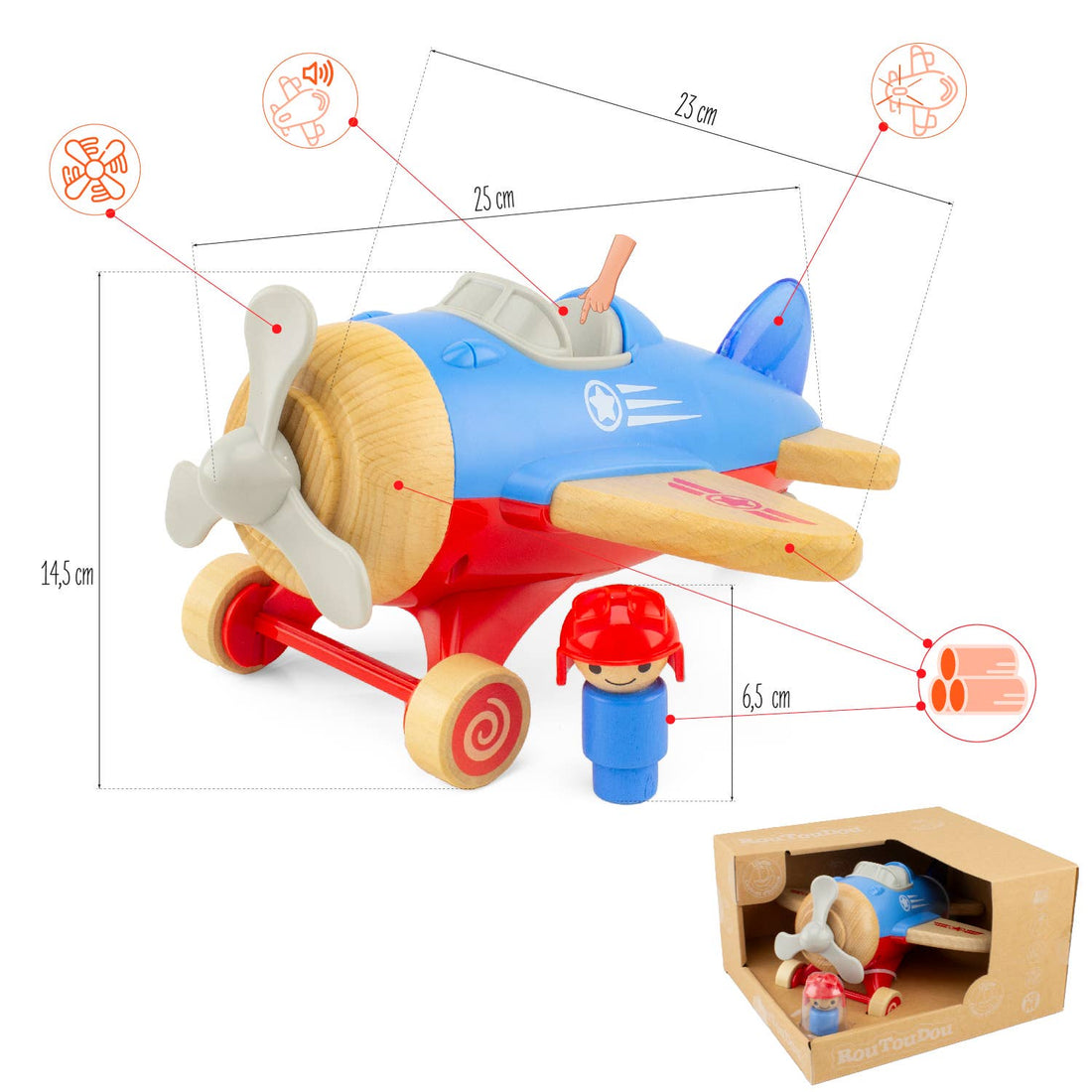ROUTOUDOU Træfly med Lyd og Lys - Interaktivt Legetøjsfly Alm produkt Ulysse Couleurs d'Enfance