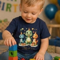Dreng i blå t-shirt med dino print og navn til 2 års fødselsdag.
