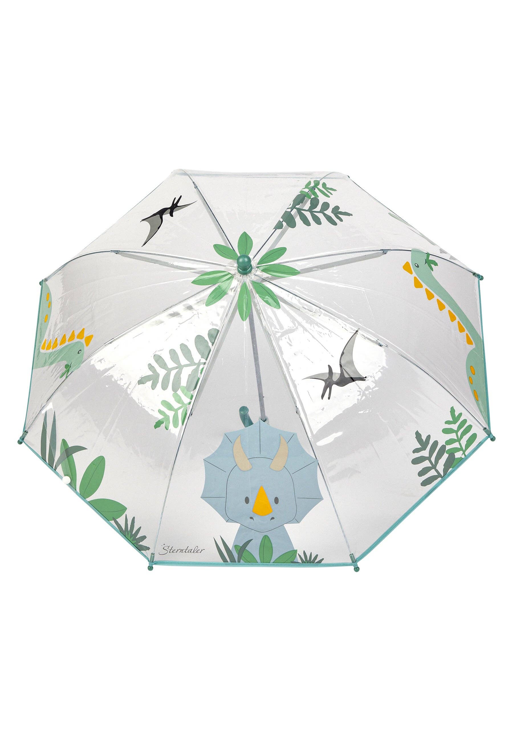 Gennemsigtig Sterntaler børneparaply med Dino Rexi og triceratops print set oppefra.