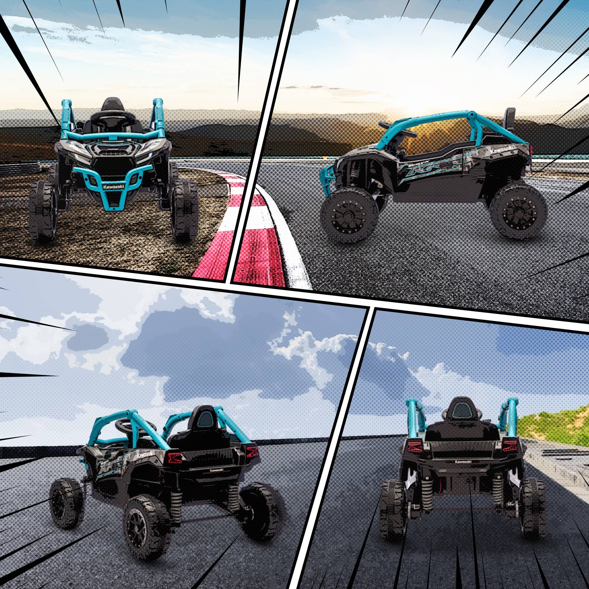 Kollage af blå KAWASAKI TERYX KRX 1000 elektrisk UTV til børn set fra fire vinkler.