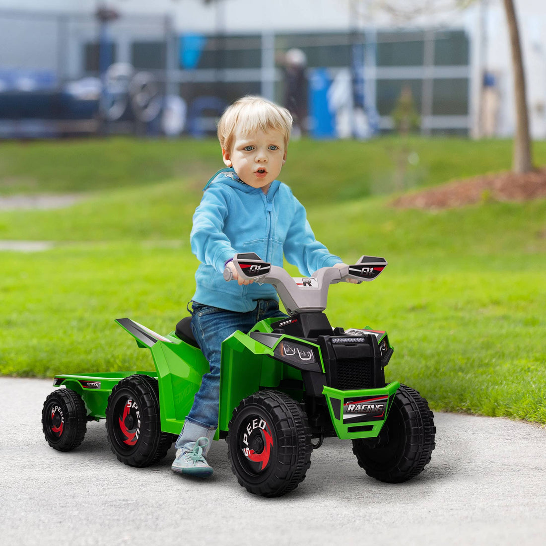 Børnequad, genopladelig, 2,5 km/t, med anhænger, grøn