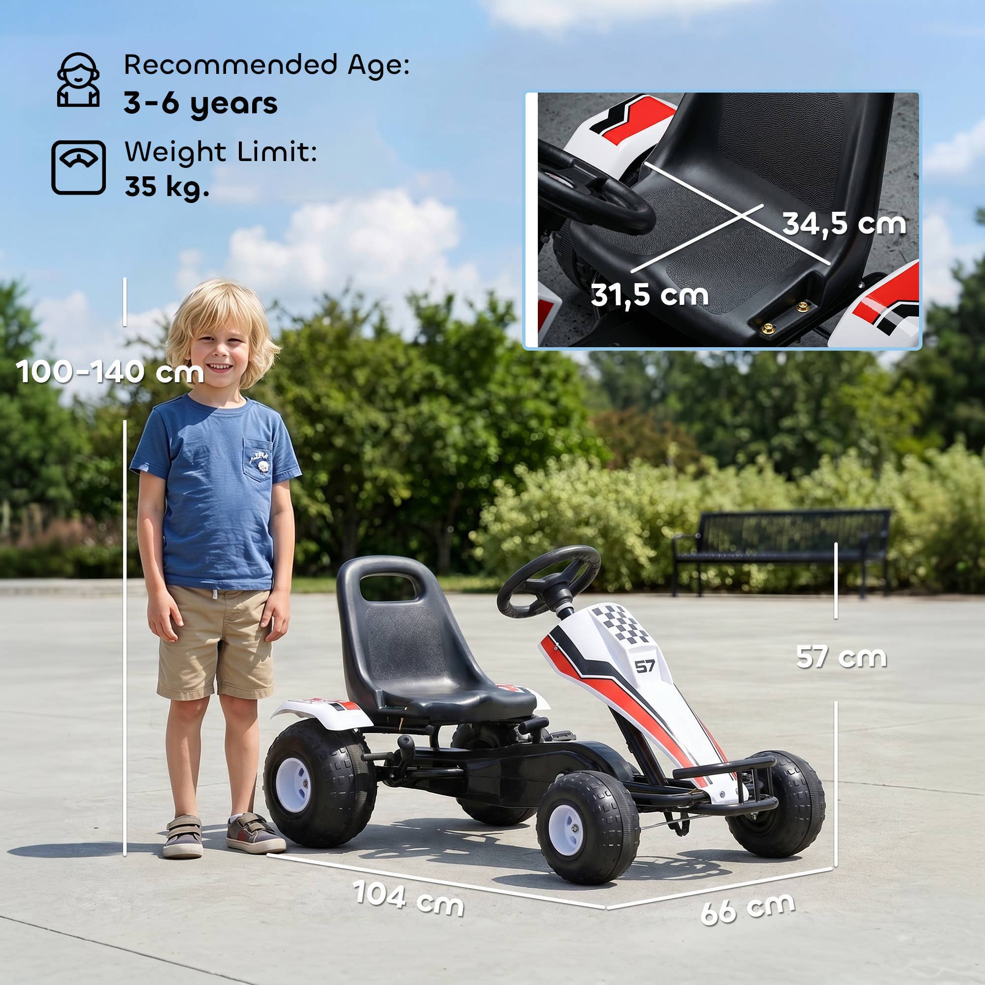Hvid pedal gokart til børn med specifikationer af mål, vægtgrænse og anbefalet alder.