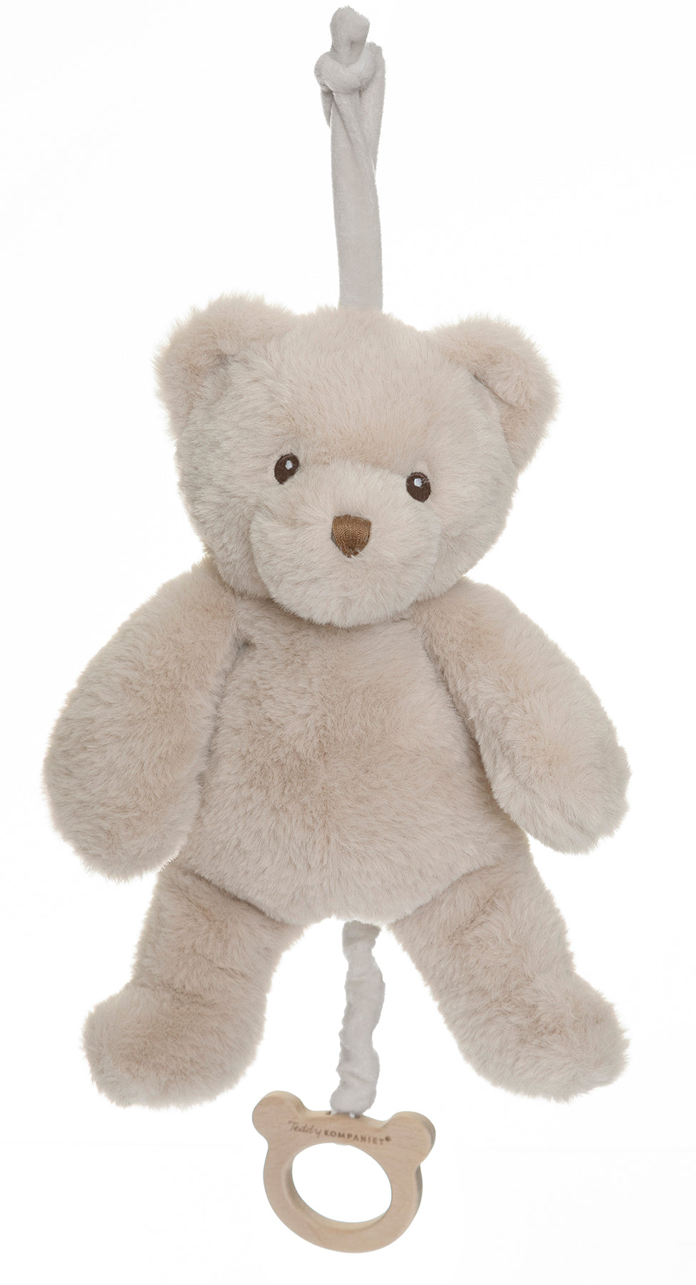 Musicals bjørn i beige bamse på 37 cm med træring til ophæng.