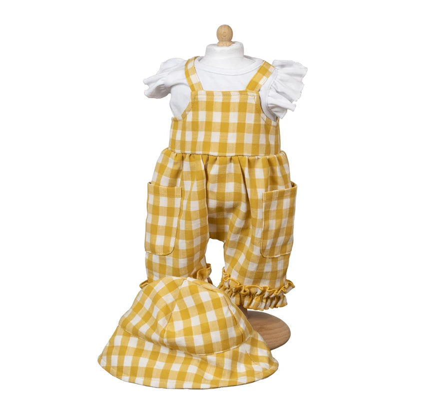 Sommersæt med gulternet heldragt, hvid bluse og kyse til dukker