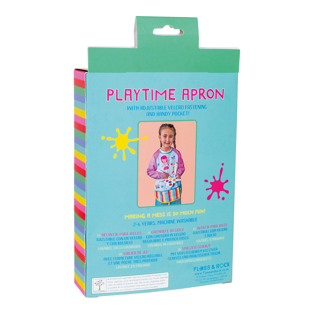 Bagsiden af Floss & Rock forklæde Rainbow Fairy æske med detaljer.
