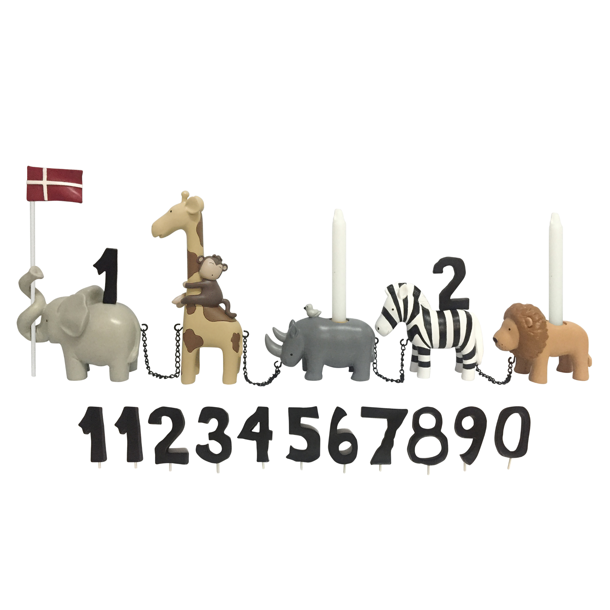 Safari fødselsdagstog med elefant, giraf, næsehorn, zebra, løve og tal 0-9
