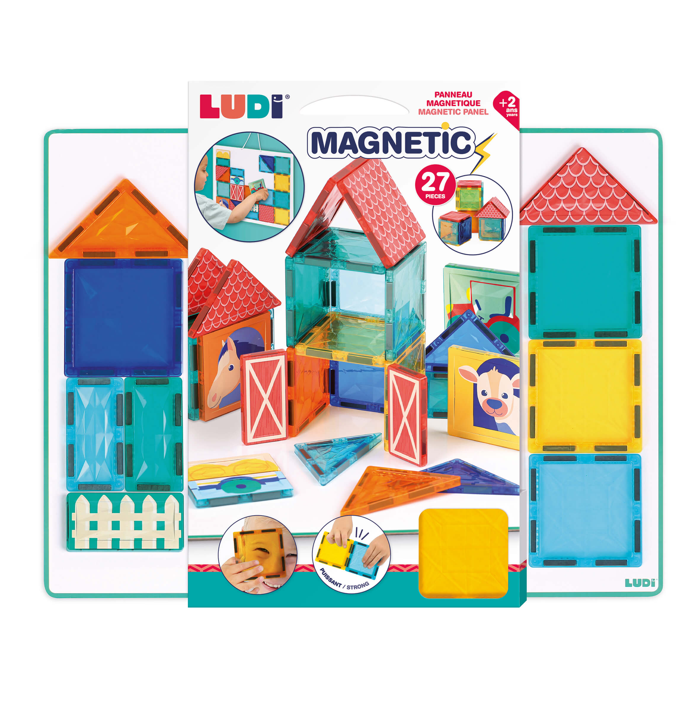 Magnetisk tavle fra Ludi med 27 farverige magnetiske brikker og bondegårdstema til børn.