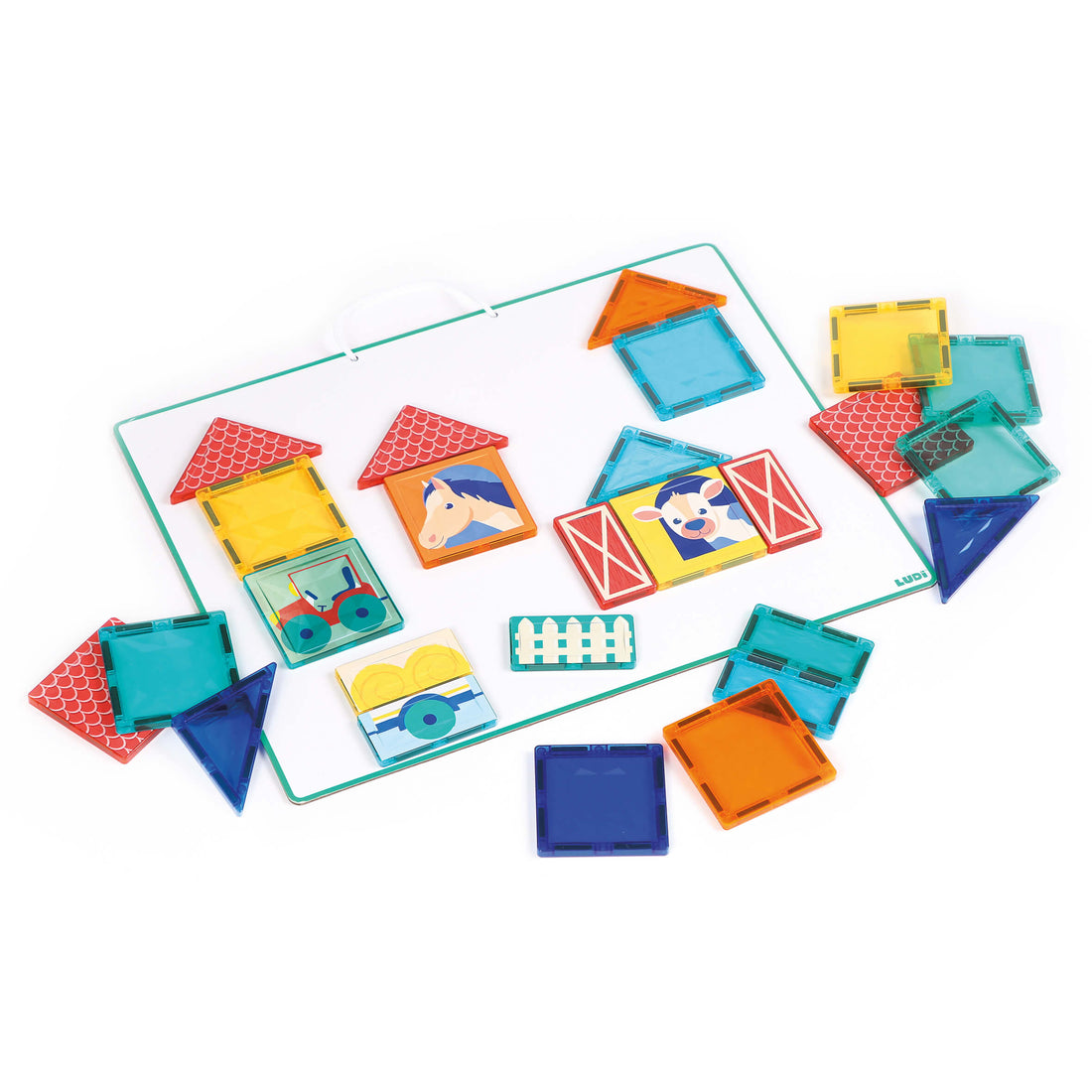 LUDI magnetisk tavle med farverige magnetiske brikker og motiver af dyr og huse.