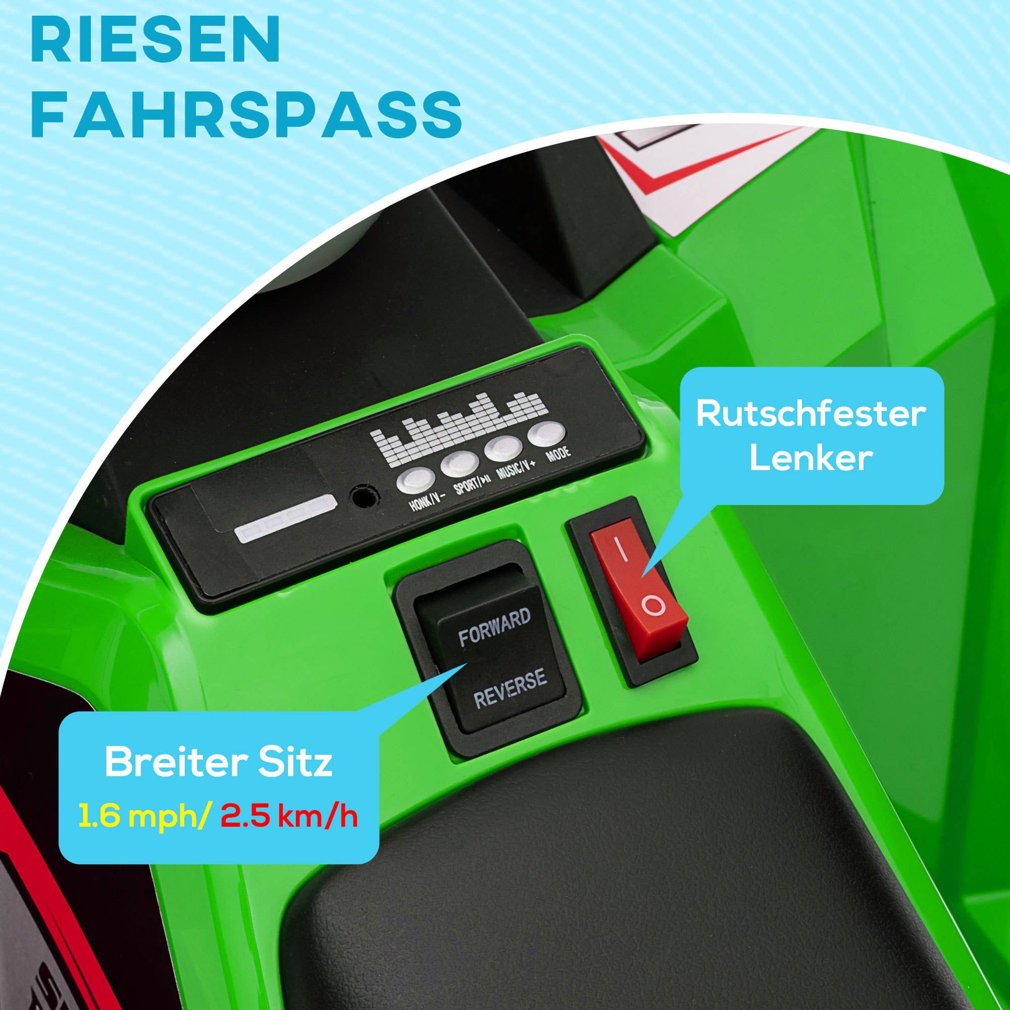 Nærbillede af kontrolpanel på en grøn børnequad med knapper til fremad, bakgear og musik.