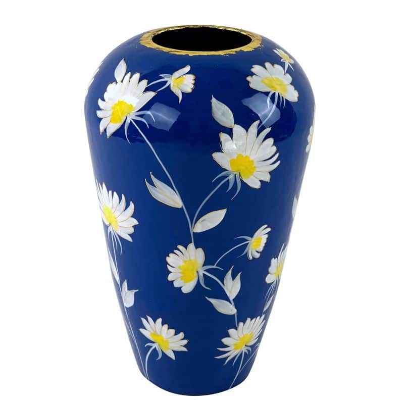 Blå håndmalet Margarita metalvase med hvide blomster og guldkant, 30 x 49 cm.