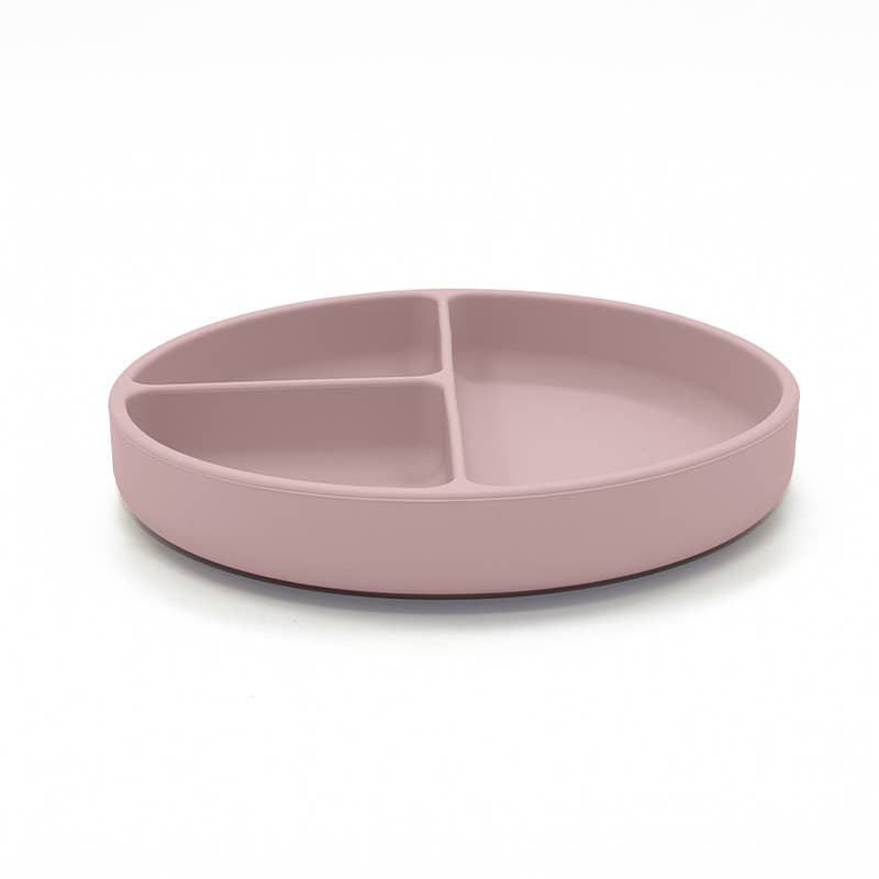 Opdelt silikonetallerken til baby i farven lys mauve med tre rum og skridsikker bund.