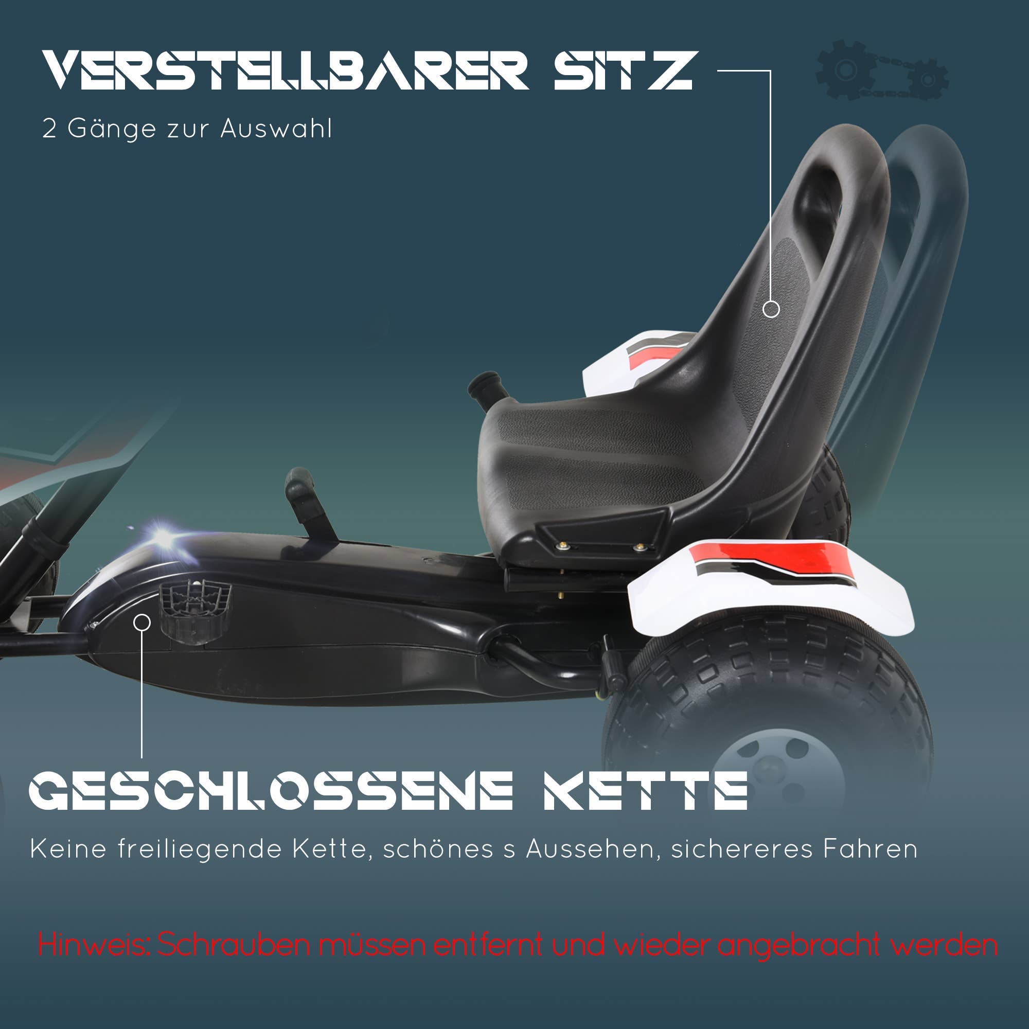 Hvid gokart til børn med justerbart sæde og lukket kæde for sikker kørsel.