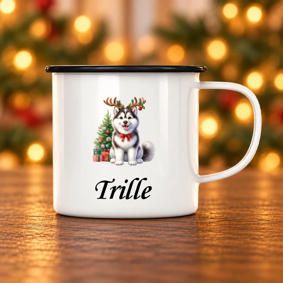 Julehund – emaljekop på mørkt egetræ med diffus julebaggrund