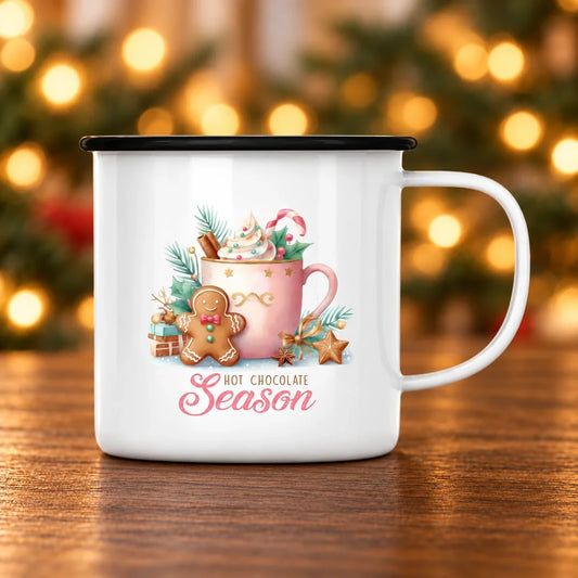 Pink Christmas – emaljekop på mørkt egetræ med diffus julebaggrund