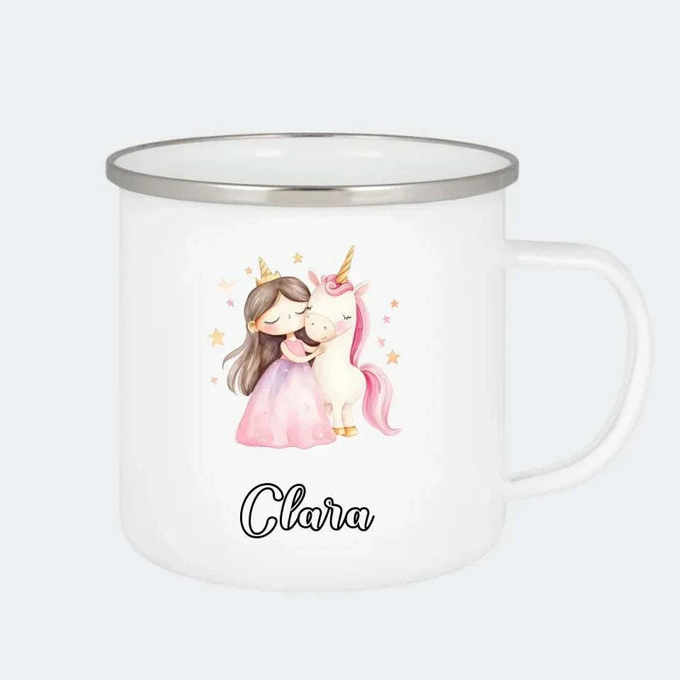 Prinsesse og enhjørning, Emaljekop sølv kant 300 ml Hvid