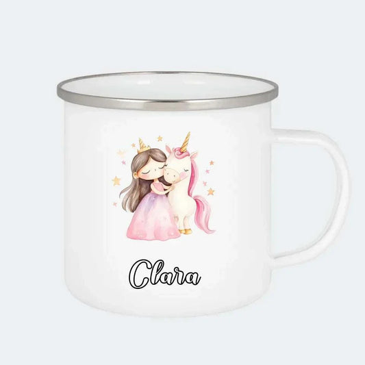Prinsesse og enhjørning, Emaljekop sølv kant 300 ml Hvid