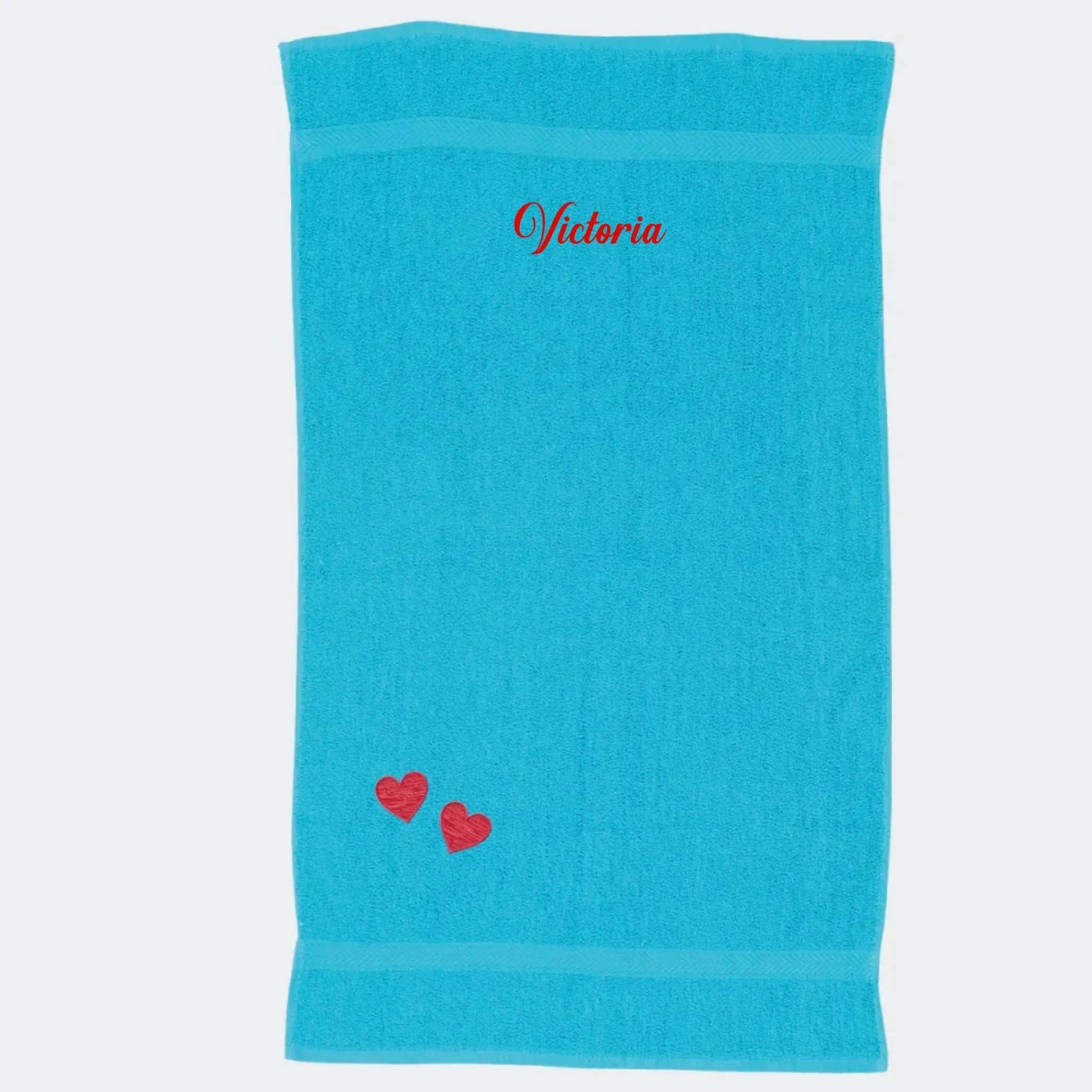 Håndklæde med hjerter og navn, Ocean blå 50x90