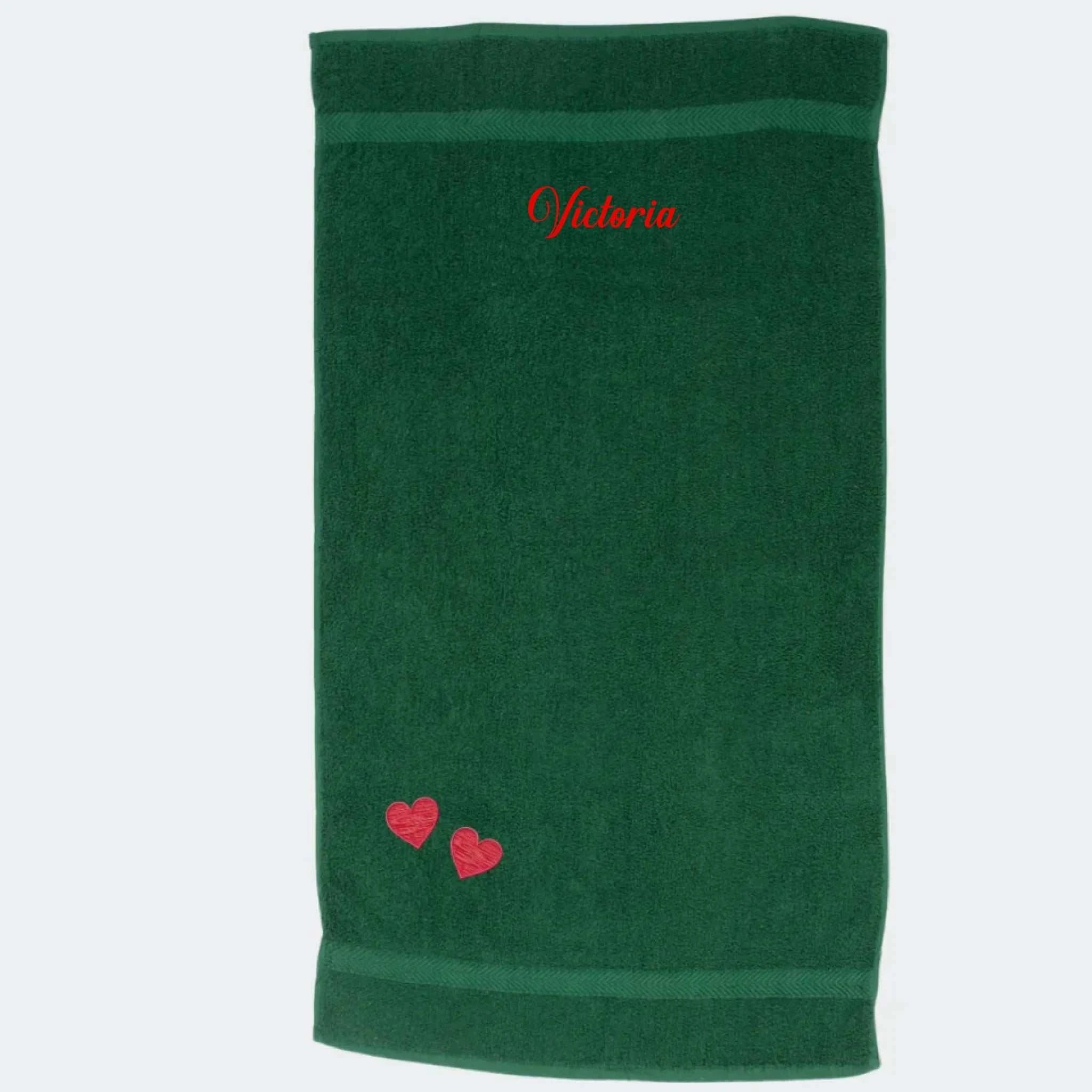Håndklæde med hjerter og navn, Mørkgrøn 50x90