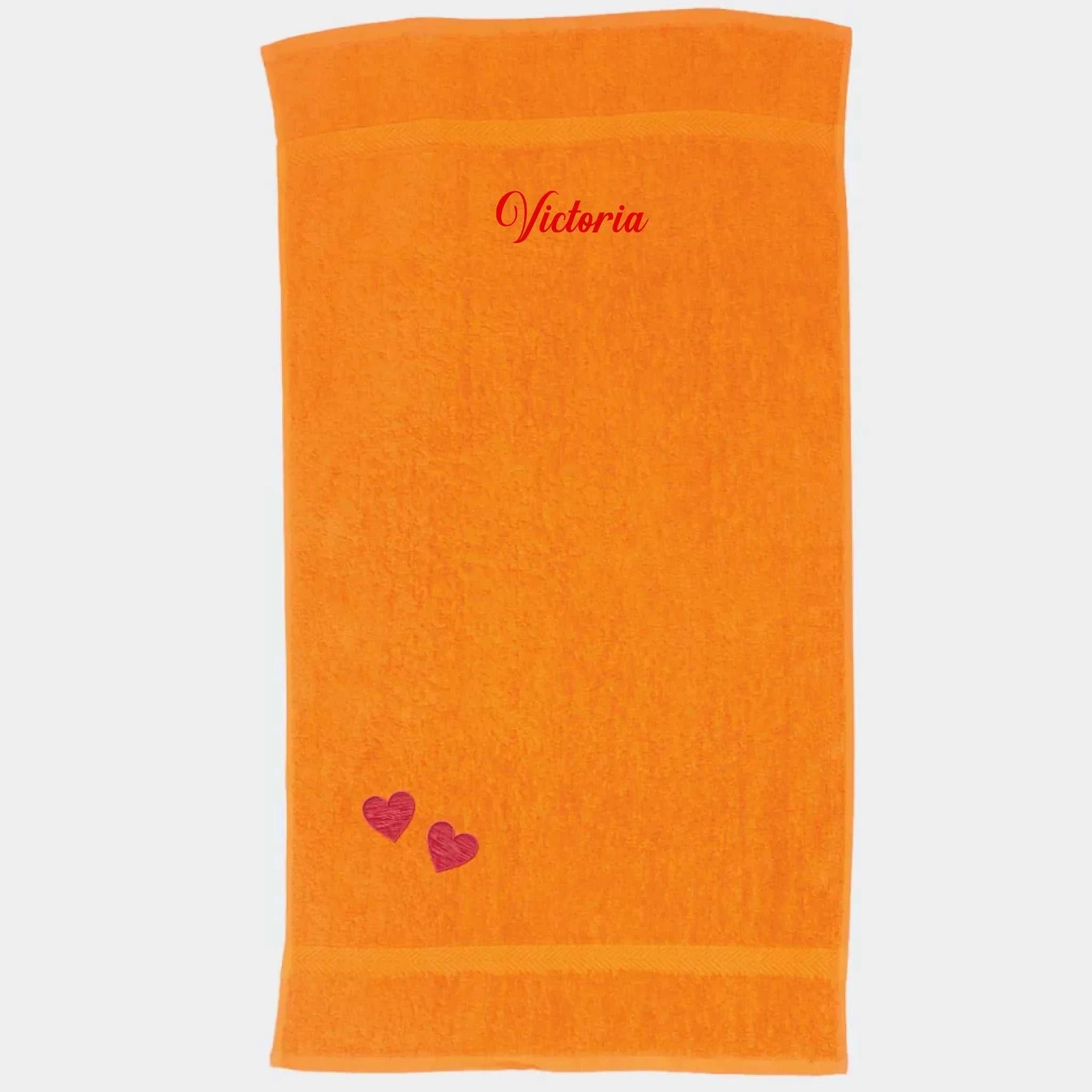 Håndklæde med hjerter og navn, orange 50x90