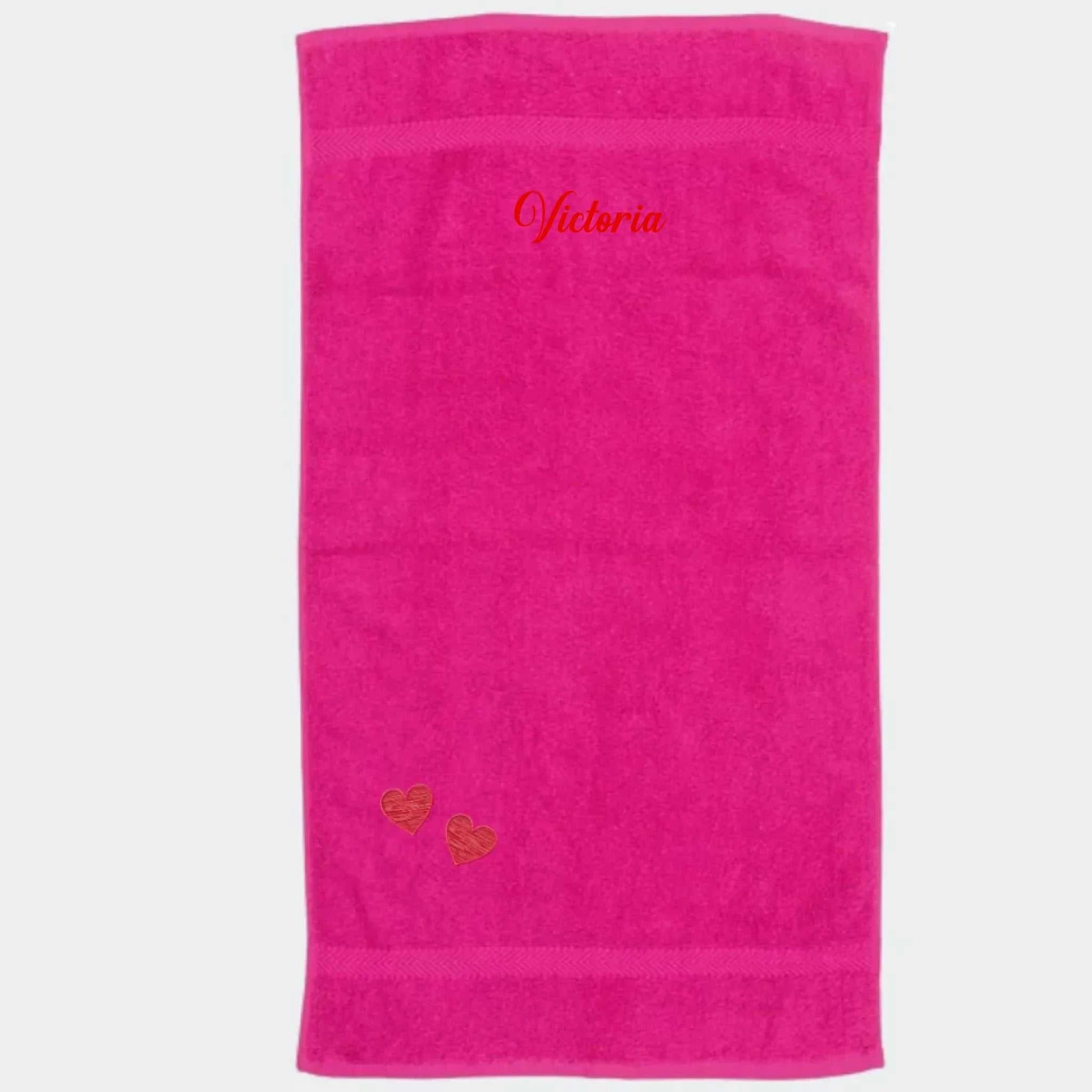 Håndklæde med hjerter og navn, Fuchsia 50x90