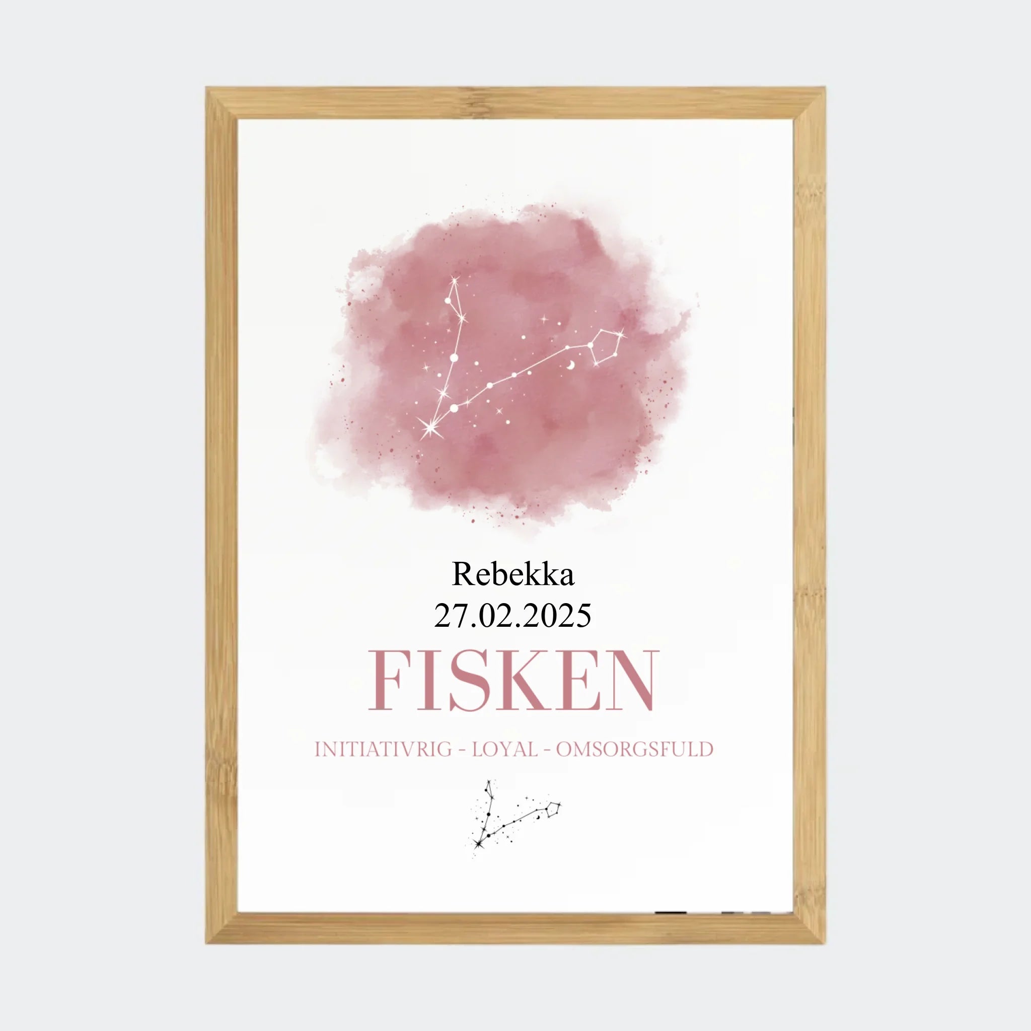 Stjernetegnsplakat – Fisken, A3 med ramme i bambus