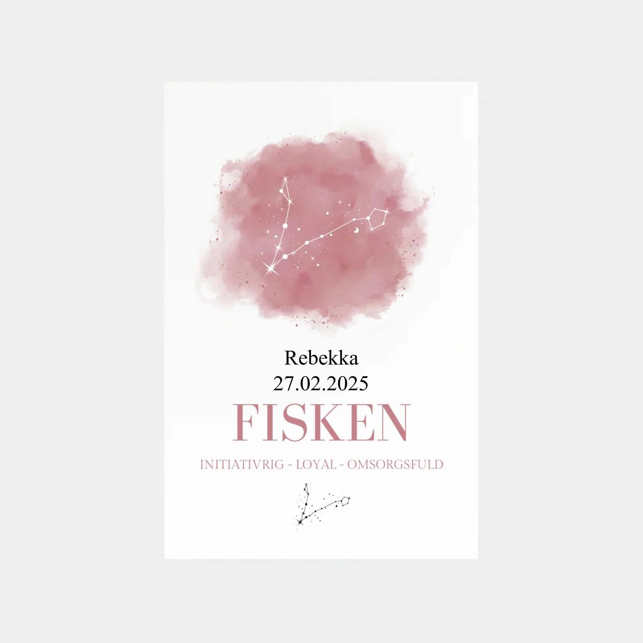 Personlig stjernetegnsplakat for Fisken med navn og fødselsdato, elegant design med stjernetegnets symbolik, perfekt til gave.