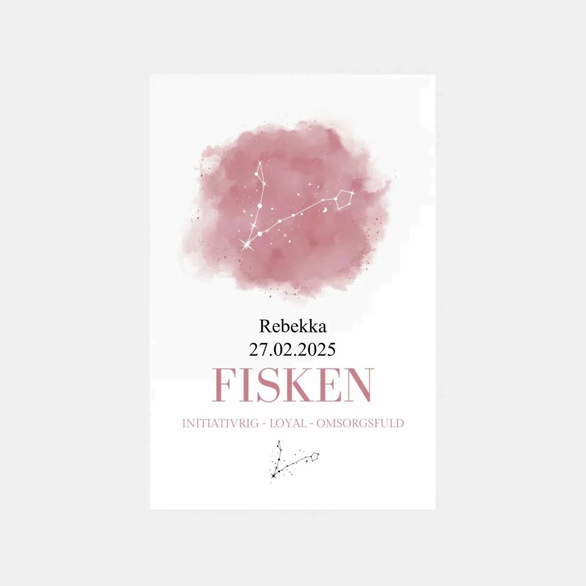 Personlig stjernetegnsplakat for Fisken med navn og fødselsdato, elegant design med stjernetegnets symbolik, perfekt til gave.