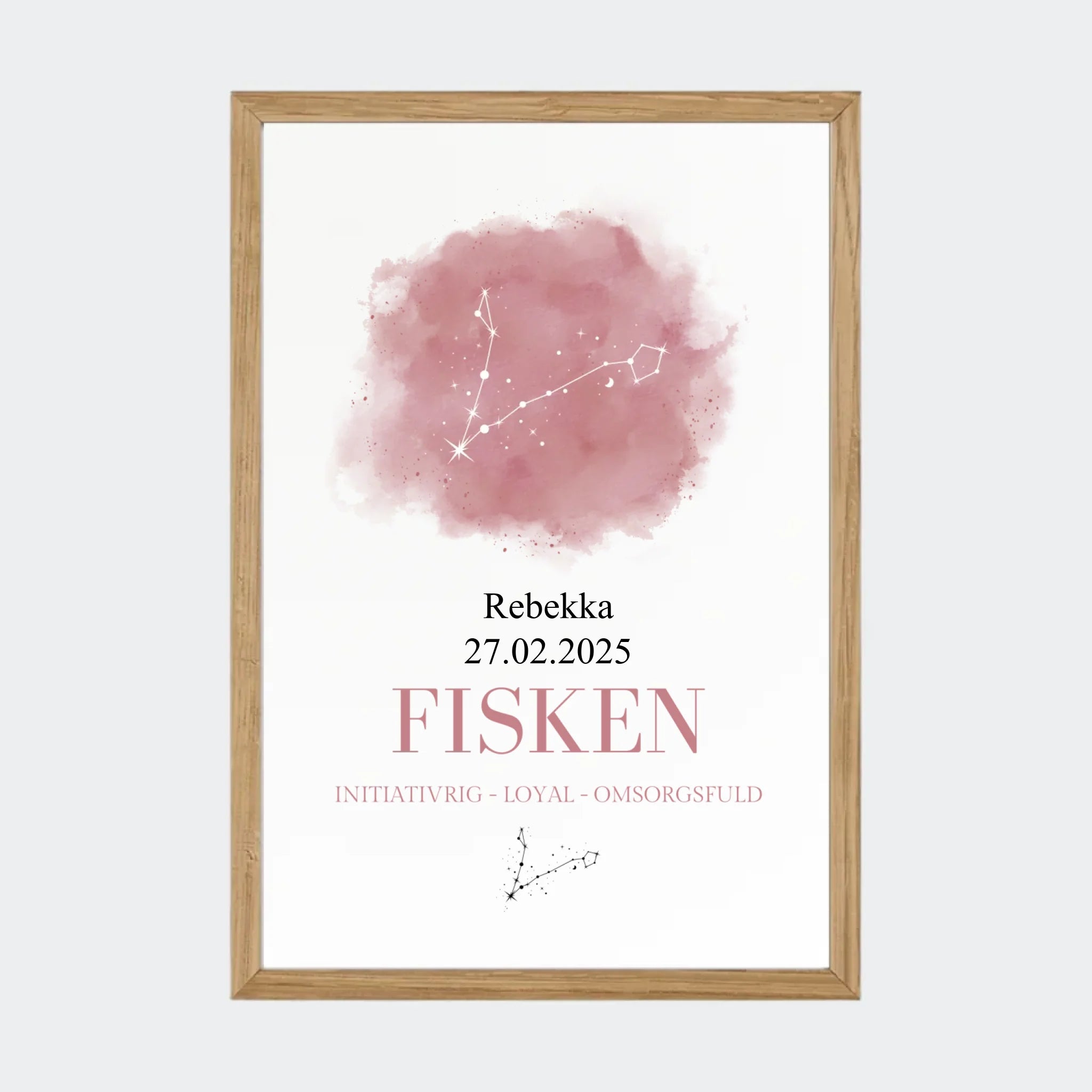 Stjernetegnsplakat – Fisken, A4 med ramme i massiv eg