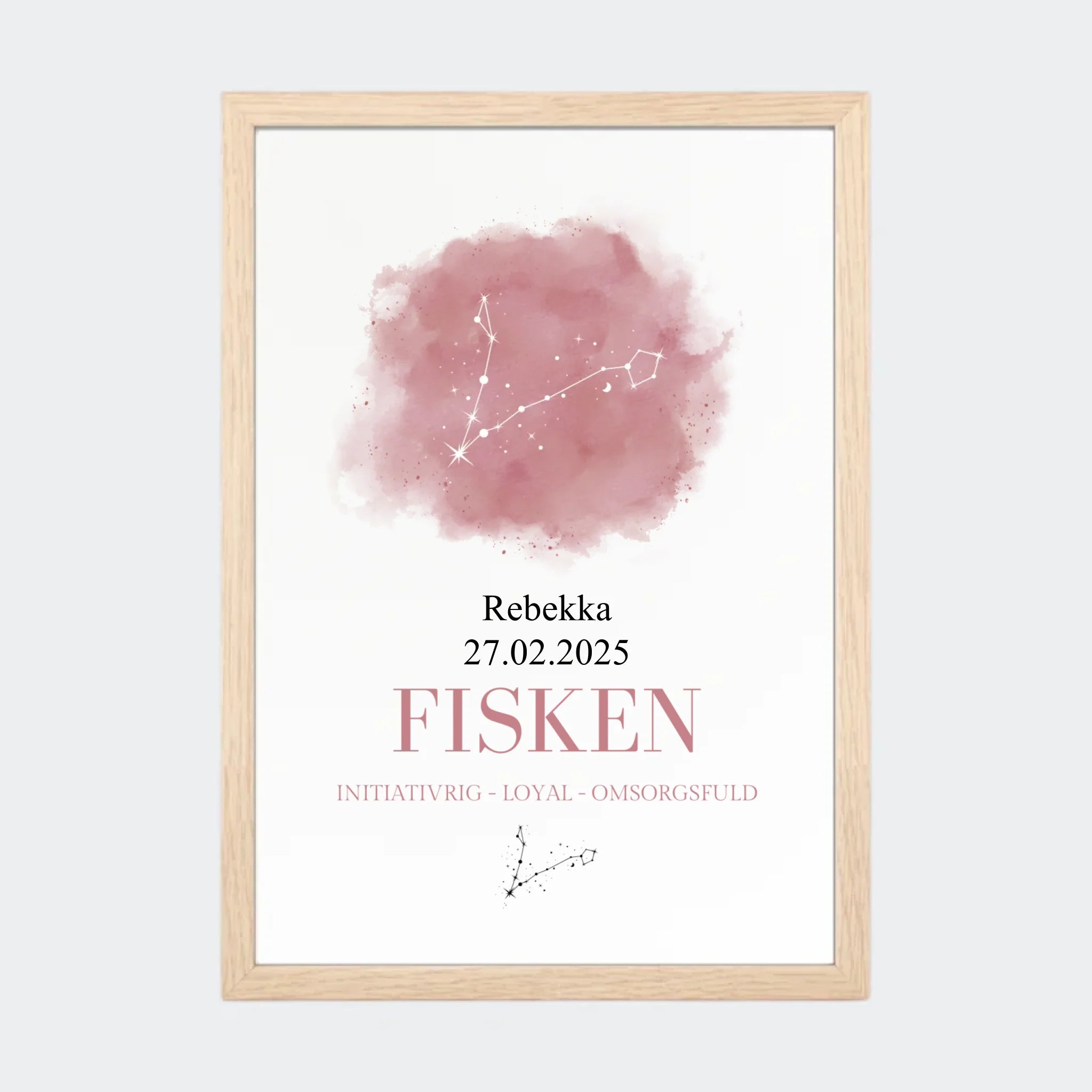 Stjernetegnsplakat – Fisken, A4 med naturfarvet ramme
