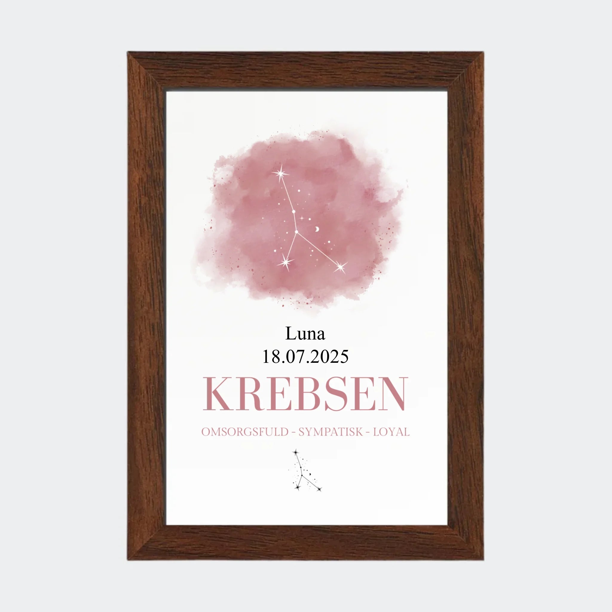 Stjernetegnsplakat – Krebsen, 10 × 15 med ramme i mørk eg