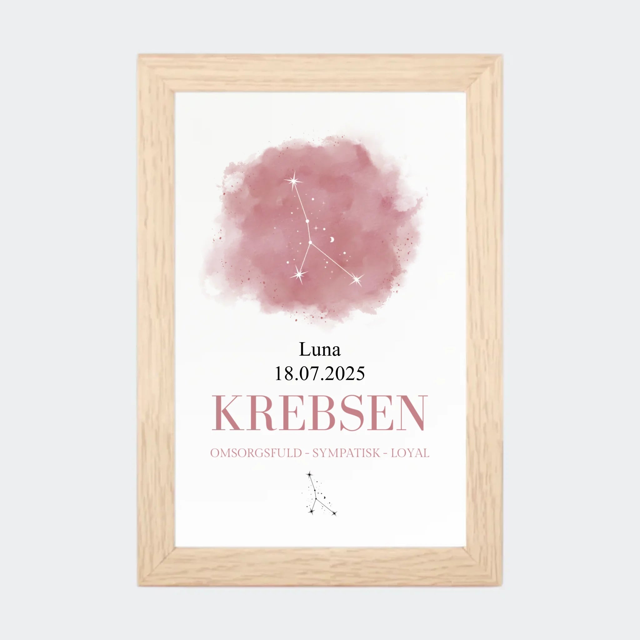 Stjernetegnsplakat – Krebsen, 10 × 15 med naturfarvet ramme