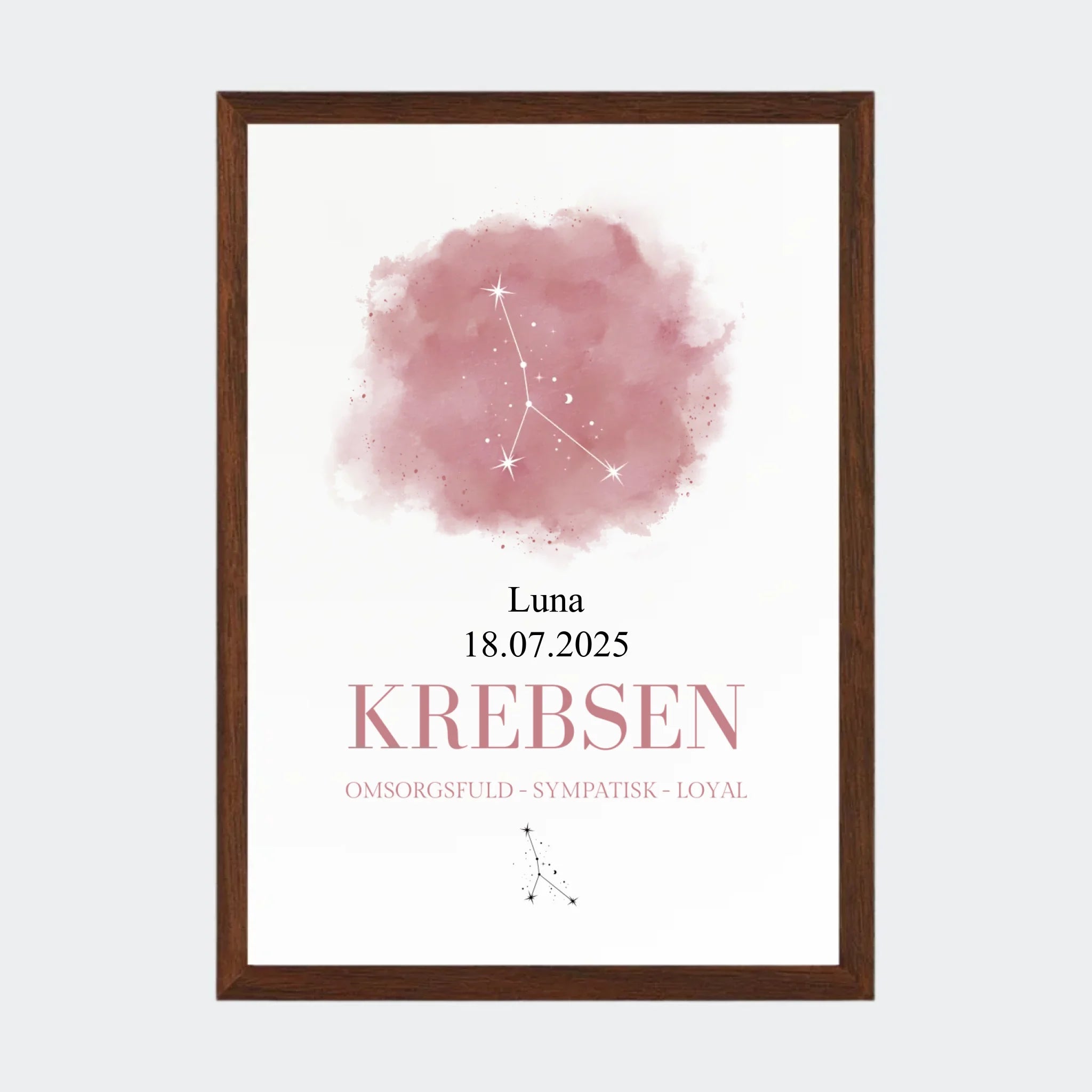 Stjernetegnsplakat – Krebsen, A4 med ramme i mørk eg