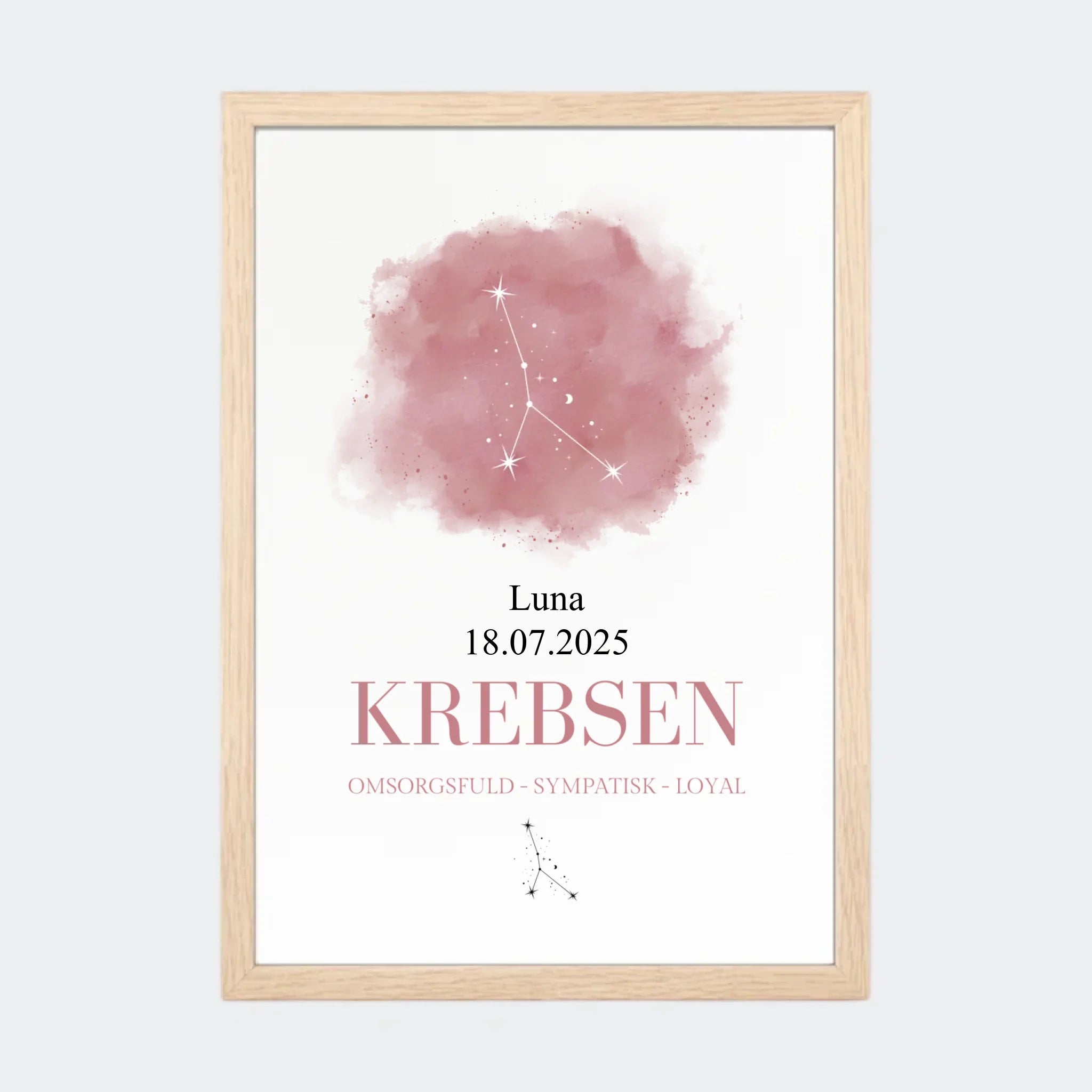 Stjernetegnsplakat – Krebsen, A4 med naturfarvet ramme