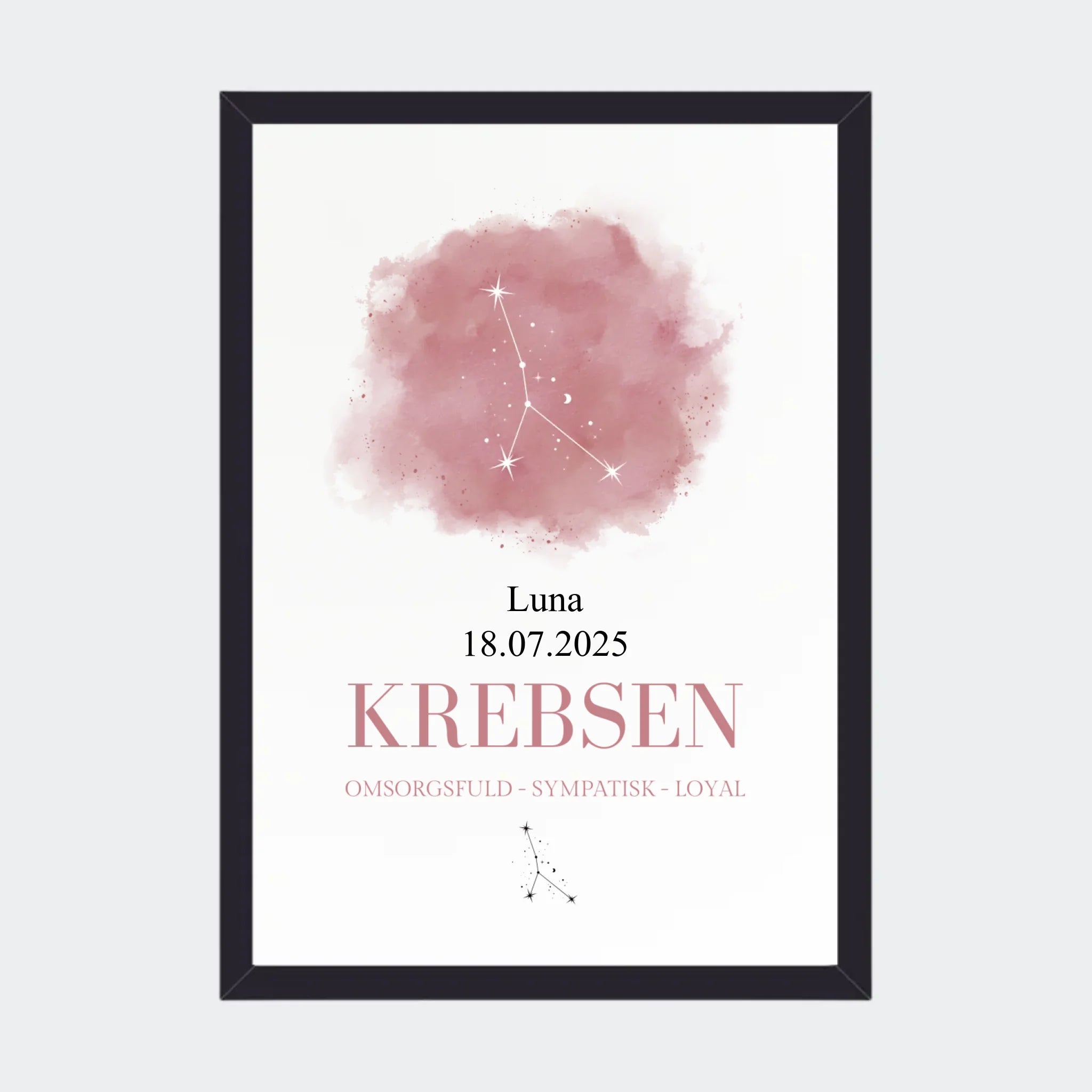 Stjernetegnsplakat – Krebsen, A4 med sort ramme