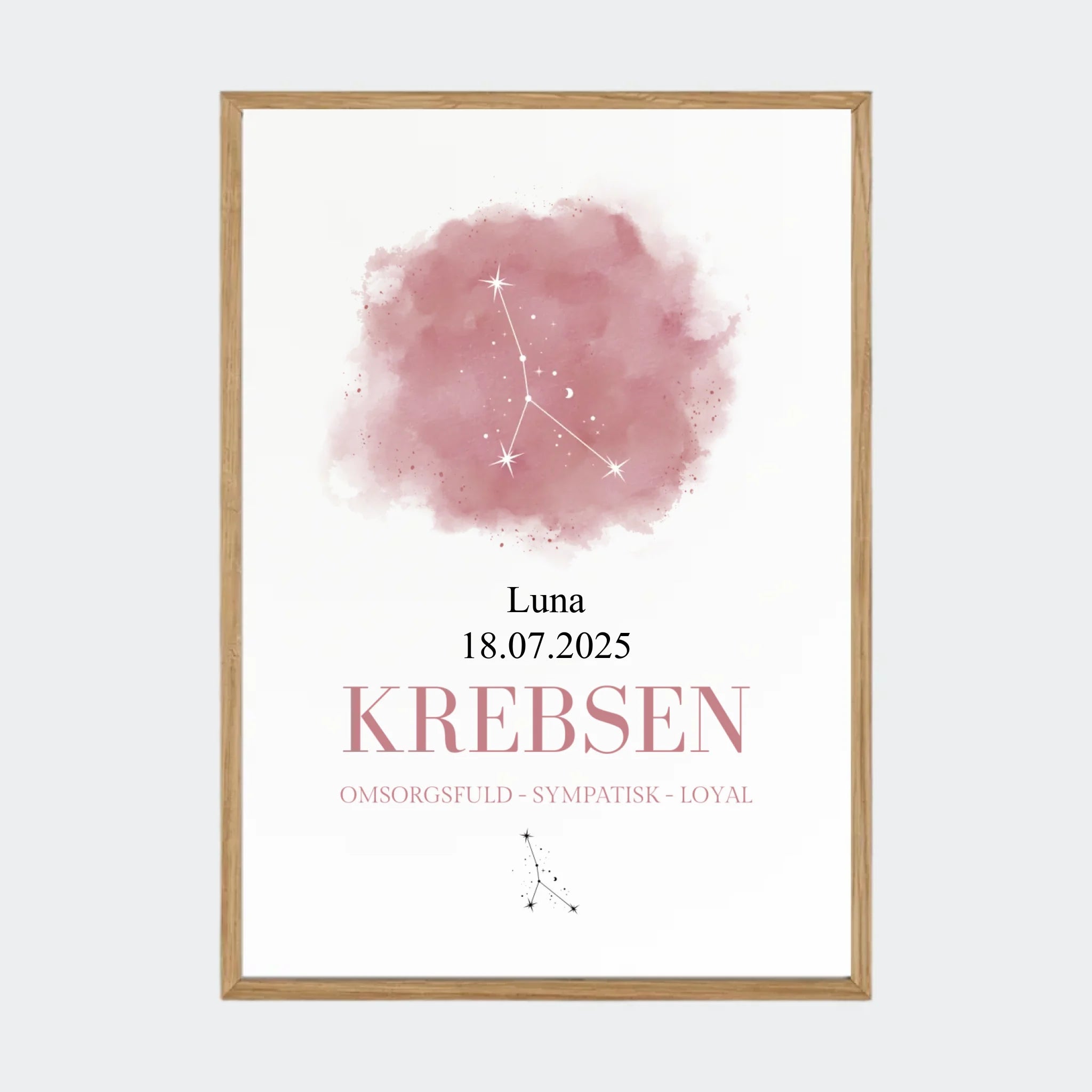 Stjernetegnsplakat – Krebsen, A3 med ramme i massiv eg
