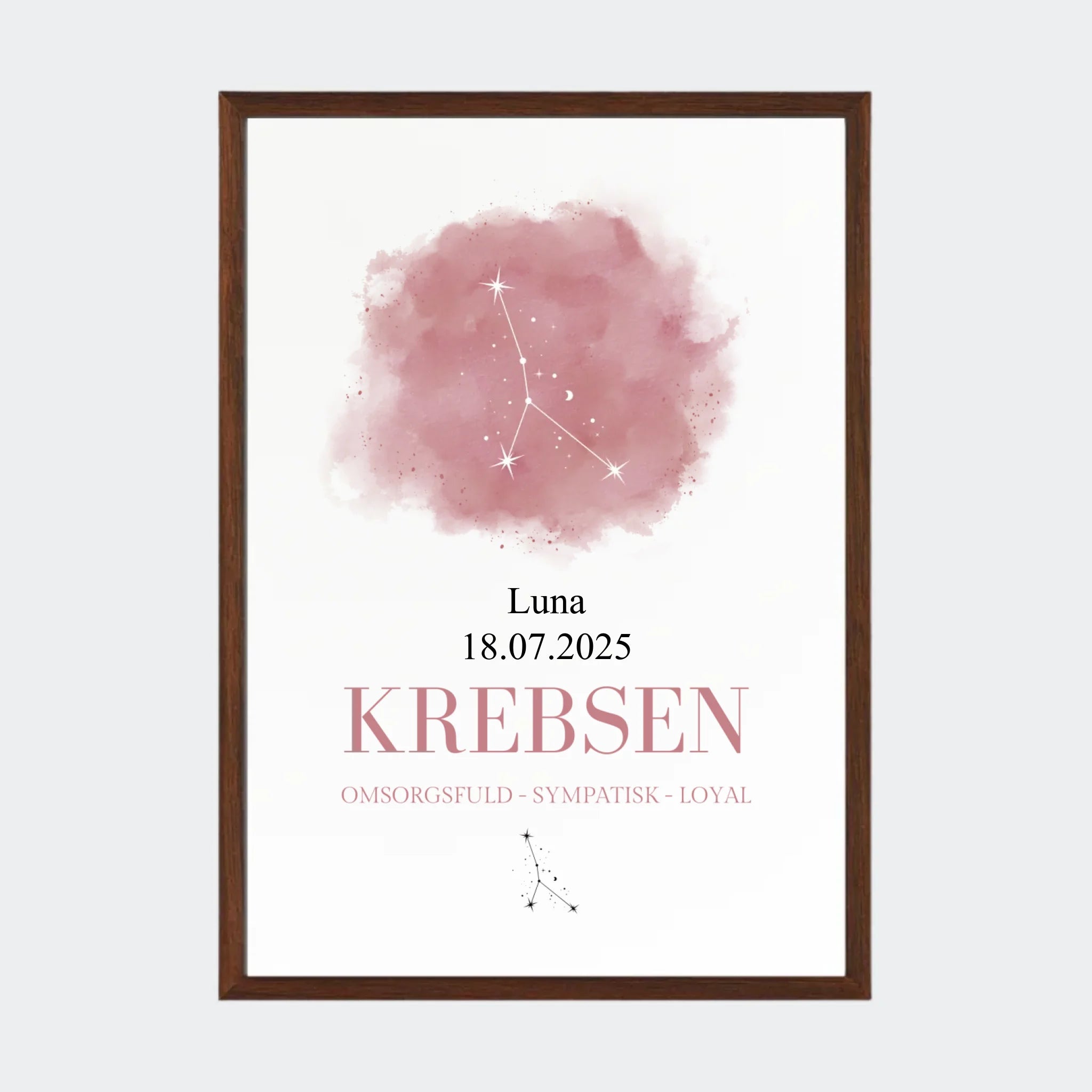 Stjernetegnsplakat – Krebsen, A3 med ramme i mørk eg
