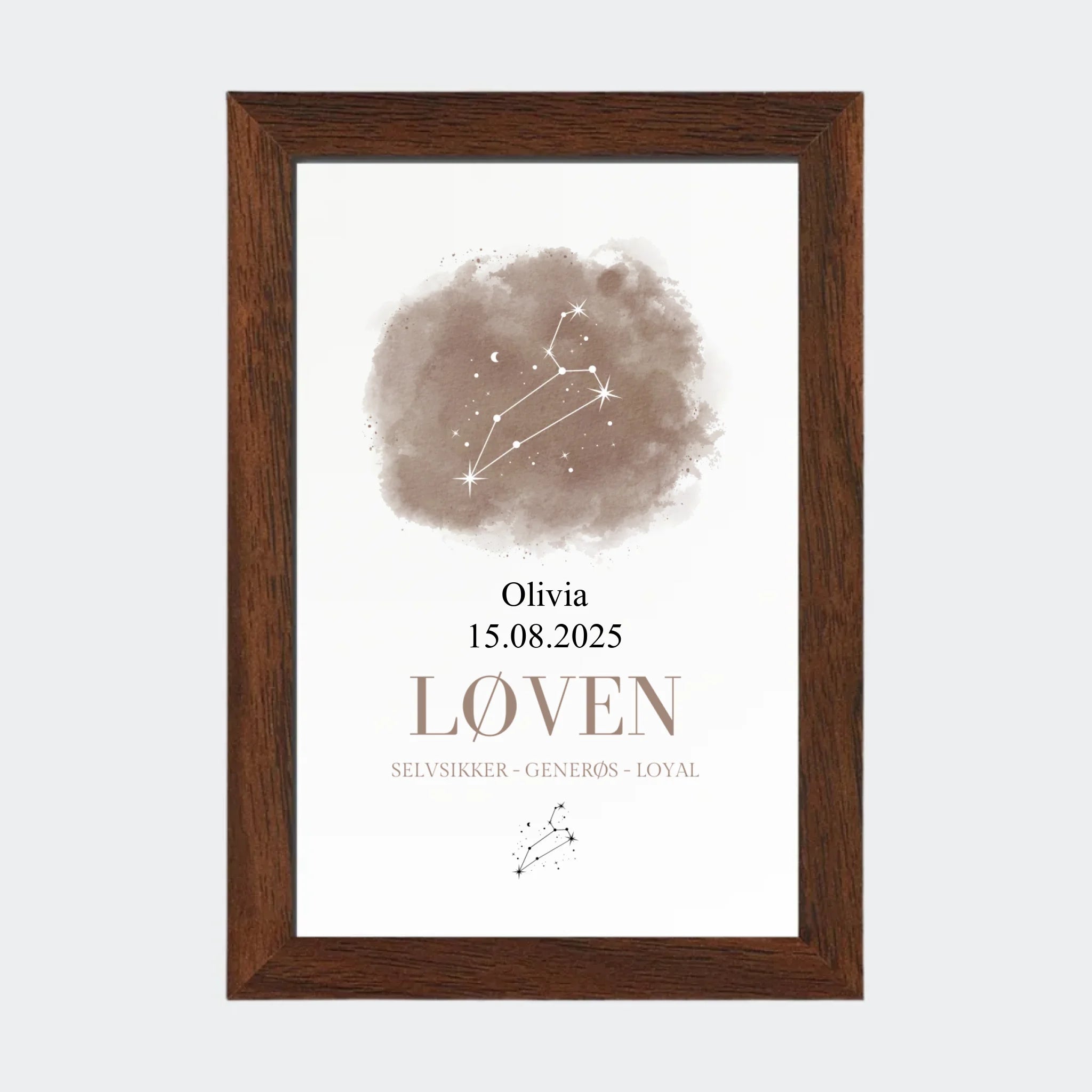Stjernetegnsplakat – Løven, 10 × 15 med ramme i mørk eg