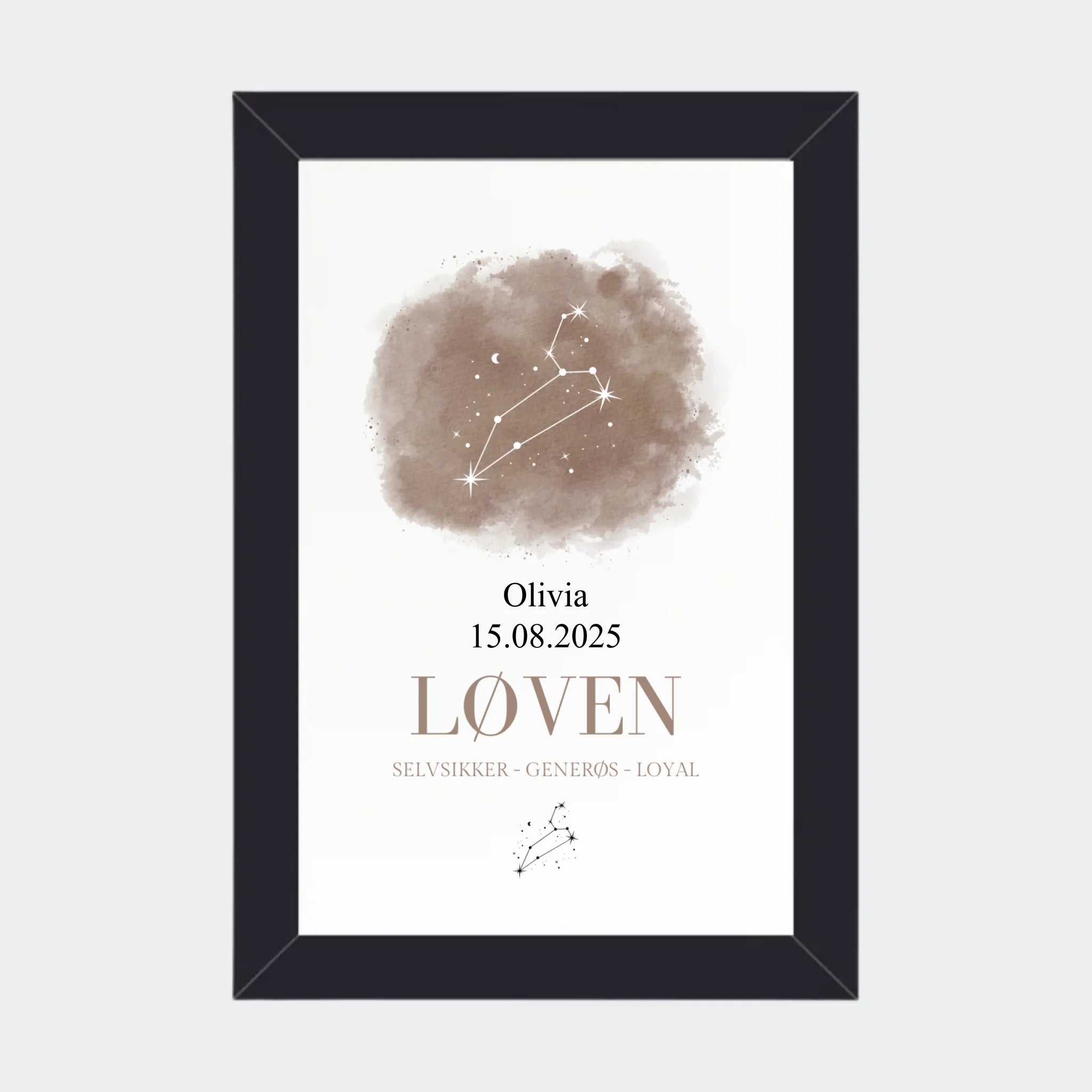 Stjernetegnsplakat – Løven, 10 × 15 med sort ramme