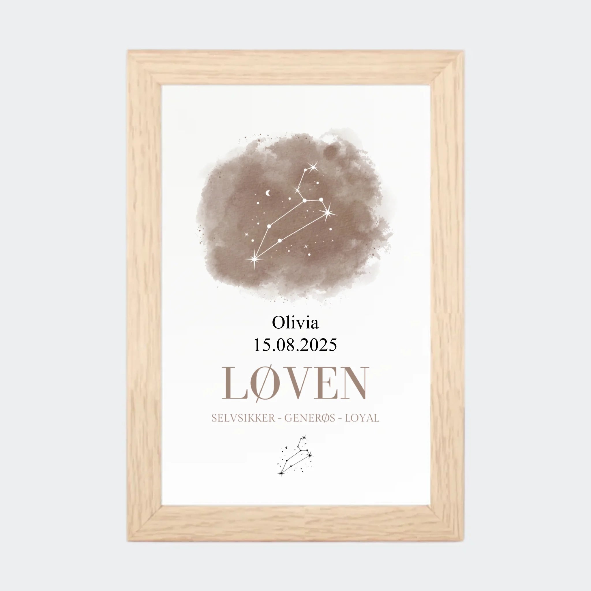 Stjernetegnsplakat – Løven, 10 × 15 med naturfarvet ramme