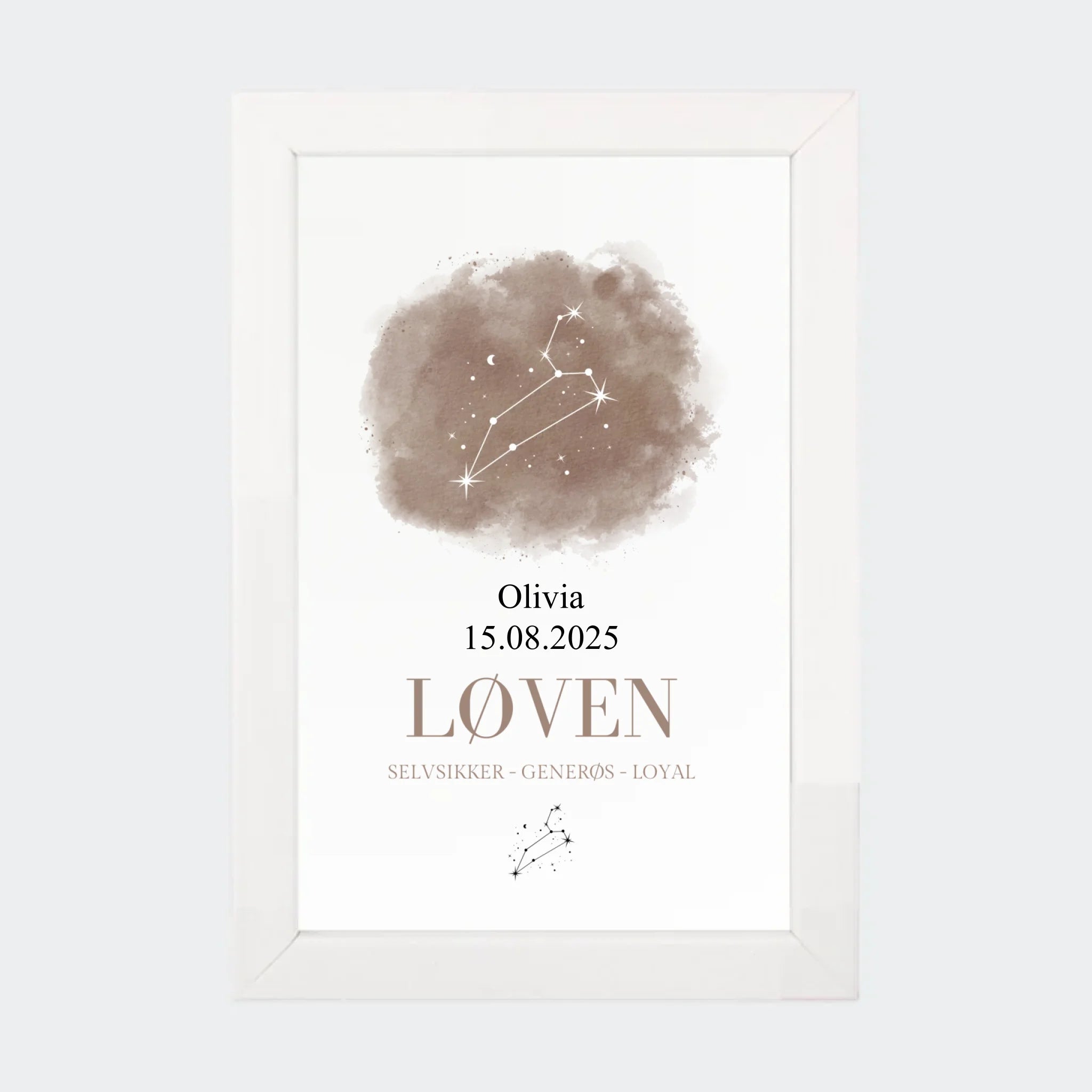 Stjernetegnsplakat – Løven, 10 × 15 med hvid ramme