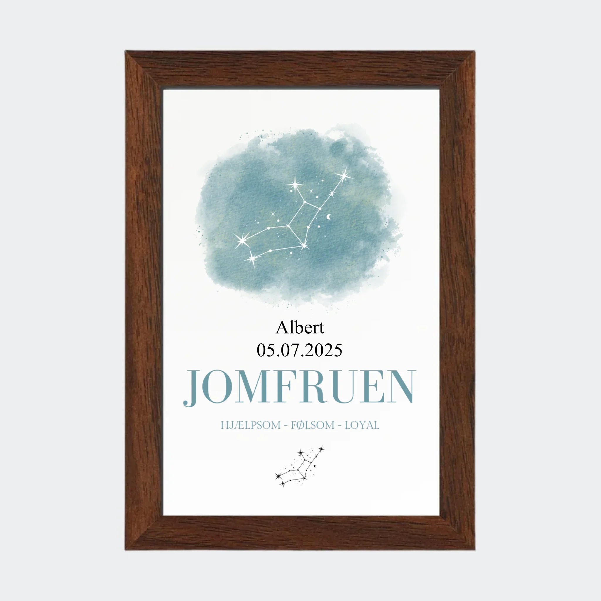 Stjernetegnsplakat – Jomfruen, 10 × 15 med ramme i mørk eg