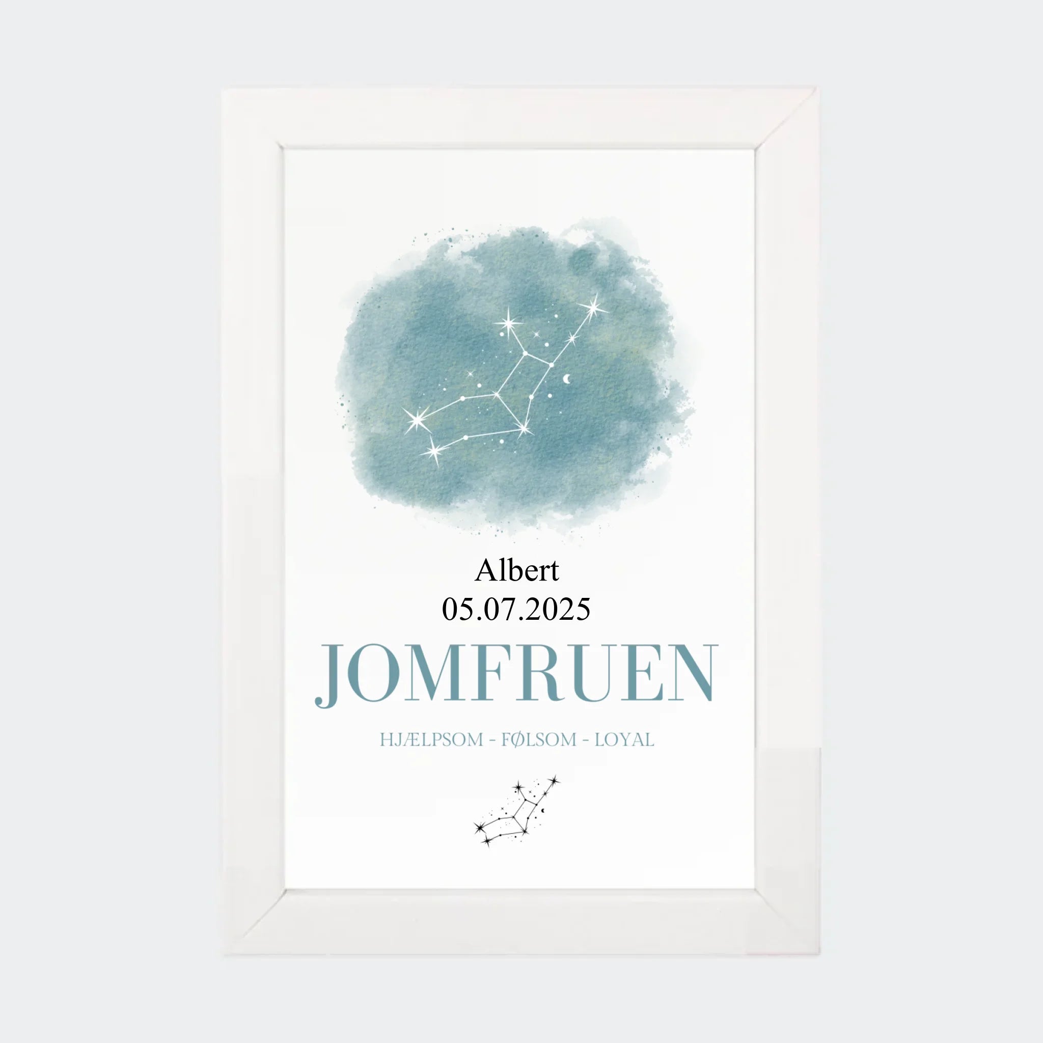 Stjernetegnsplakat – Jomfruen, 10 × 15 med hvid ramme